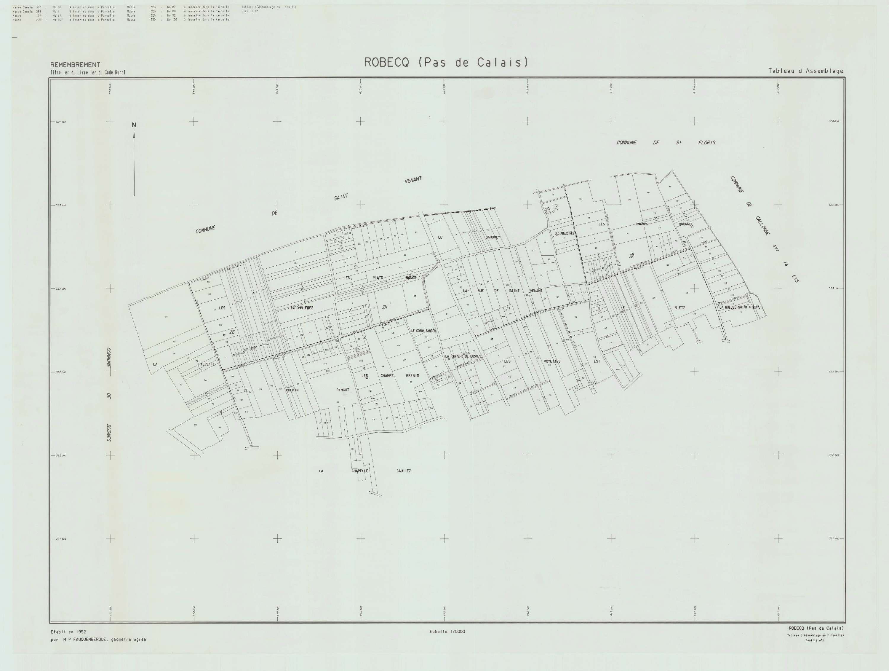 Robecq - Plan cadastral : tableau d'assemblage postérieur au remembrement.
