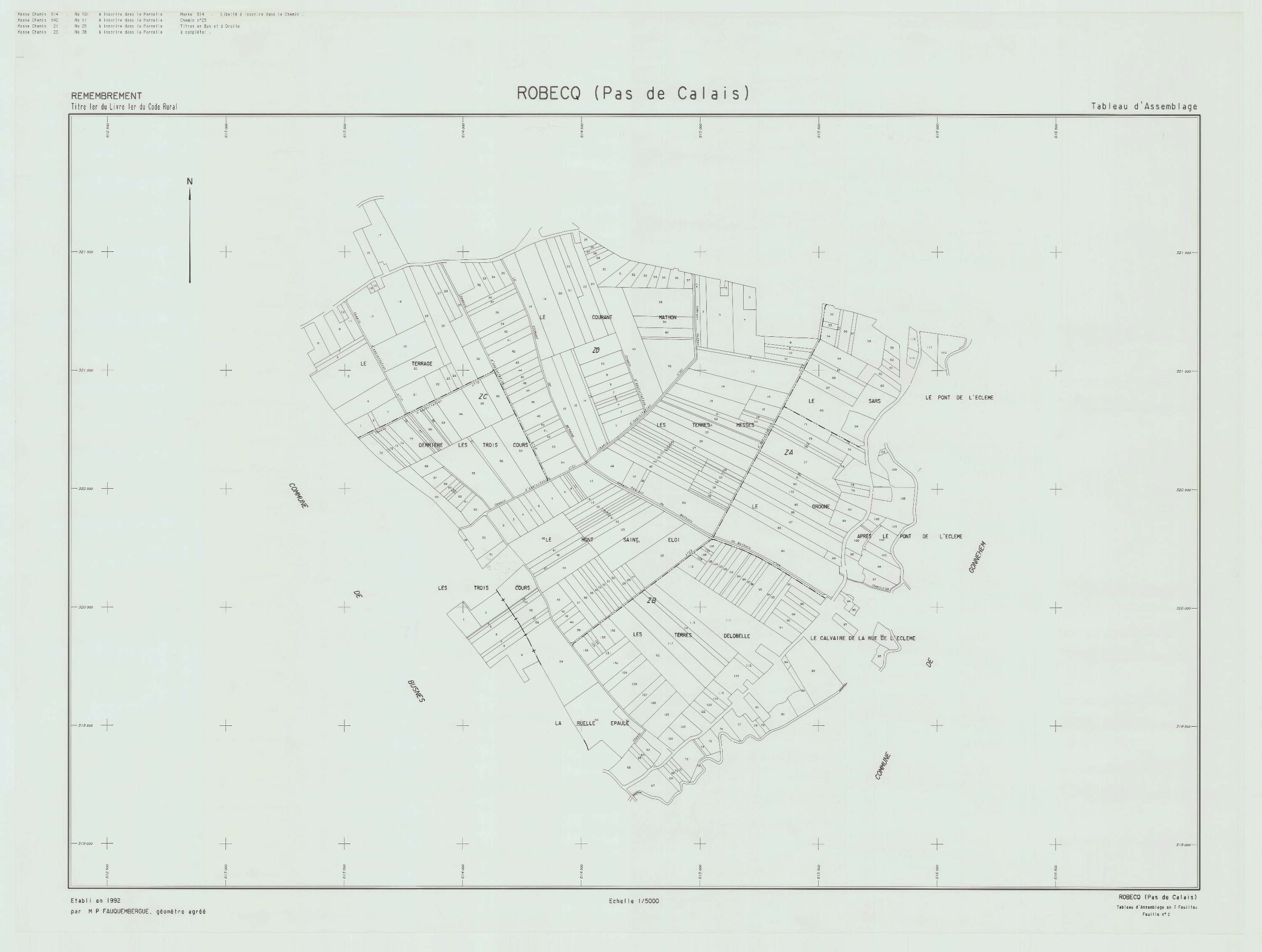 Robecq - Plan cadastral : tableau d'assemblage postérieur au remembrement.