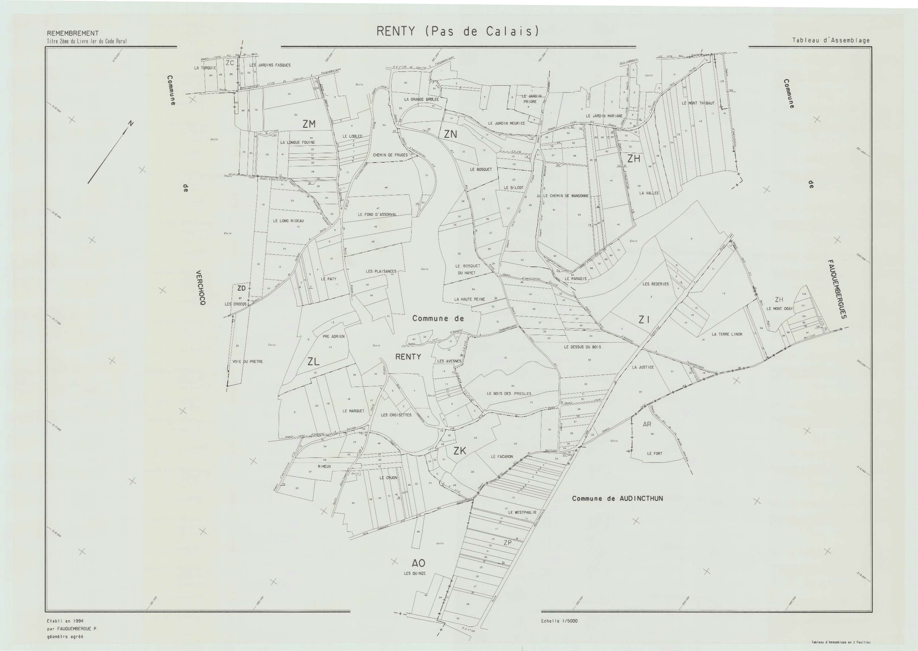 Roclincourt - Plan cadastral : tableau d'assemblage postérieur au remembrement.