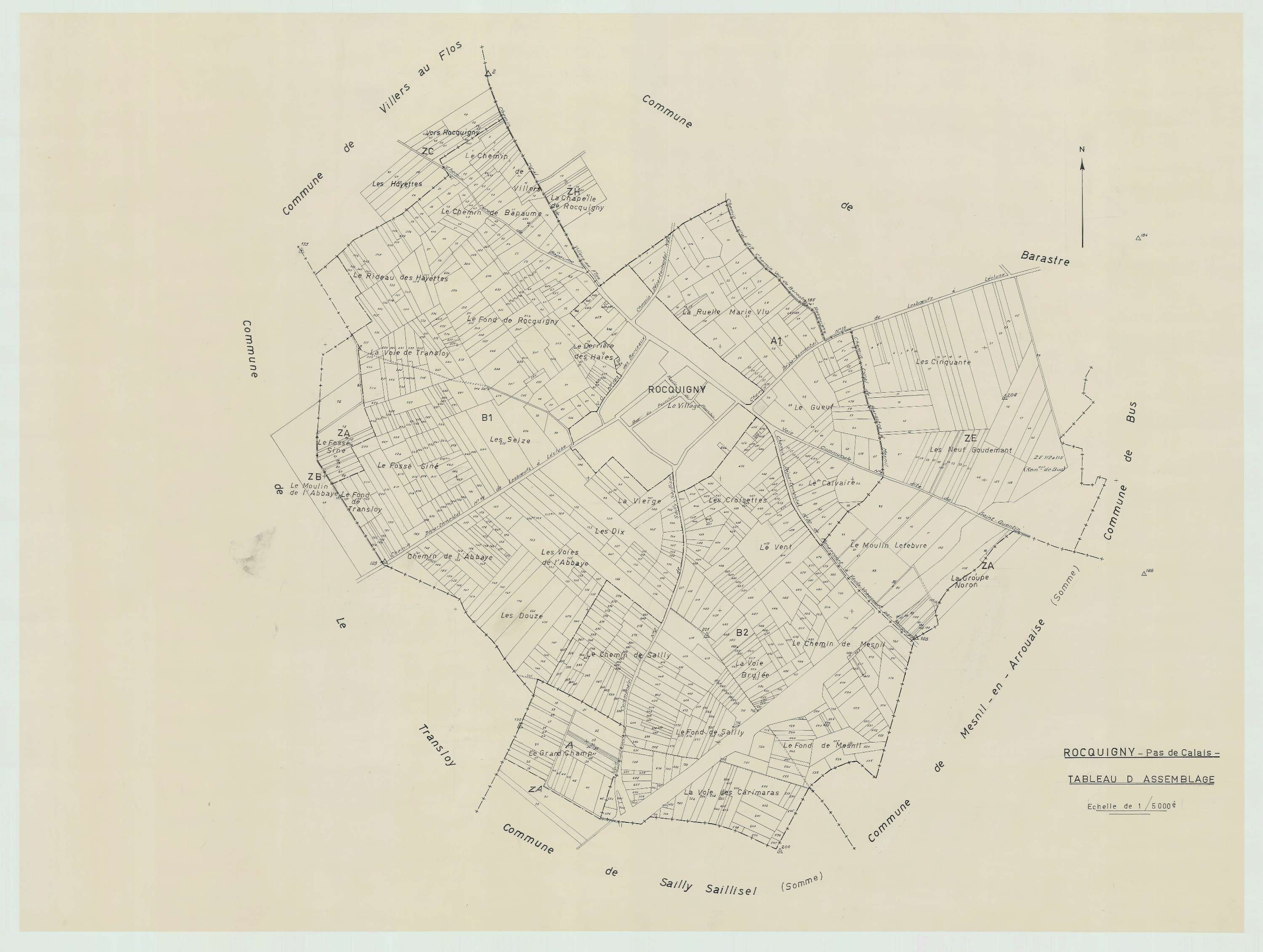 Rocquigny - Plan cadastral : tableau d'assemblage antérieur au remembrement.