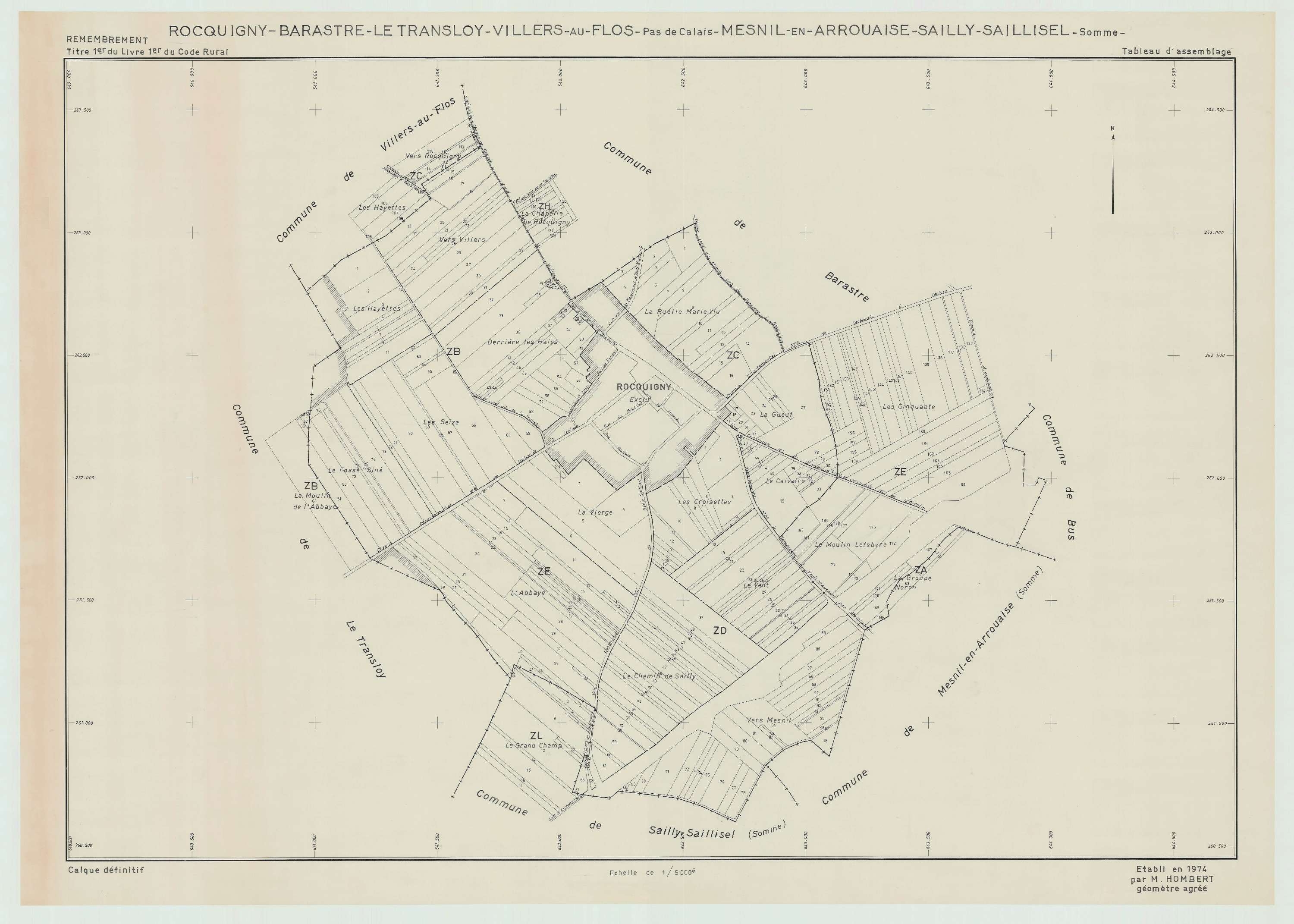 Rocquigny - Plan cadastral : tableau d'assemblage postérieur au remembrement.
