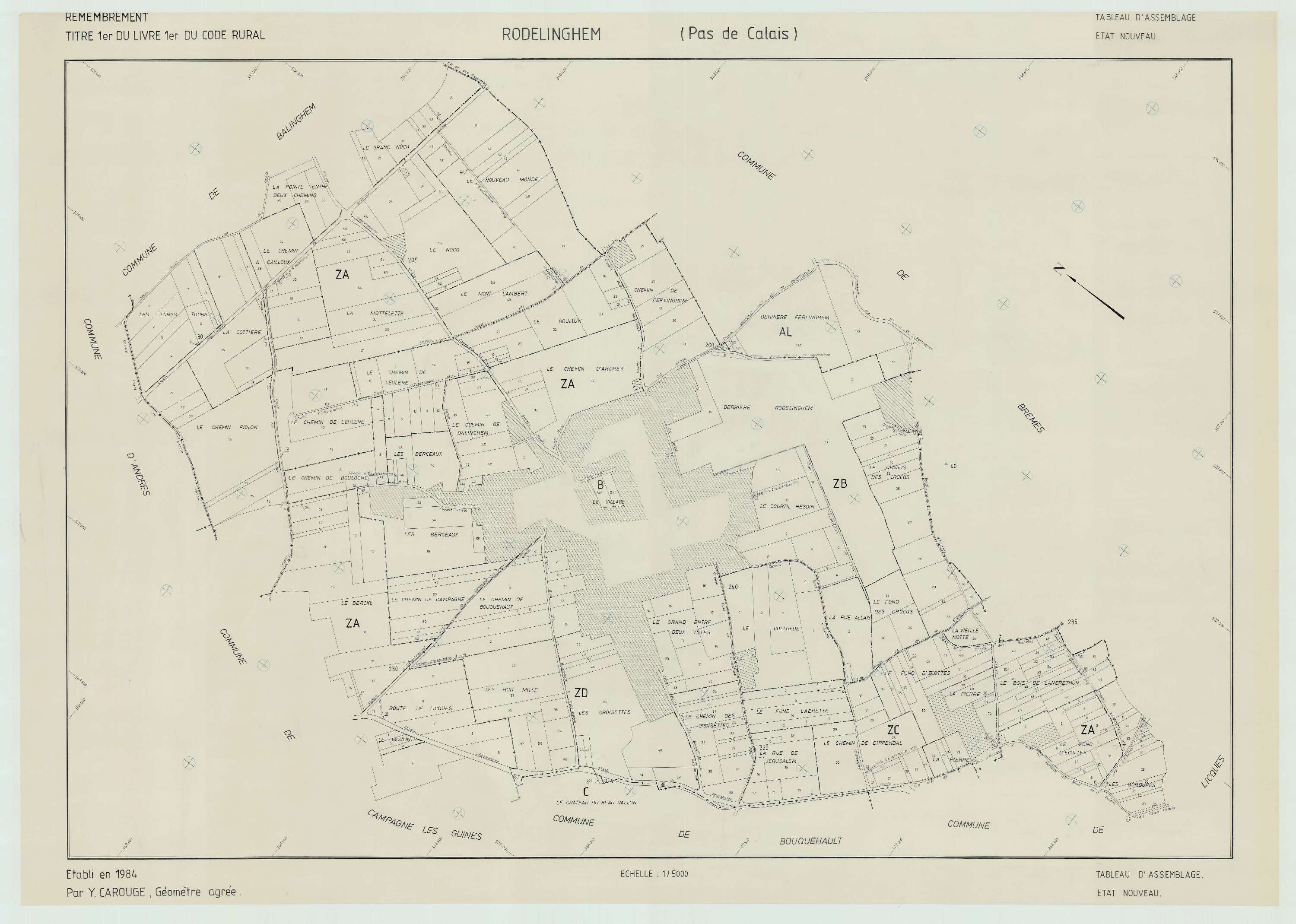 Rodelinghem - Plan cadastral : tableau d'assemblage postérieur au remembrement.