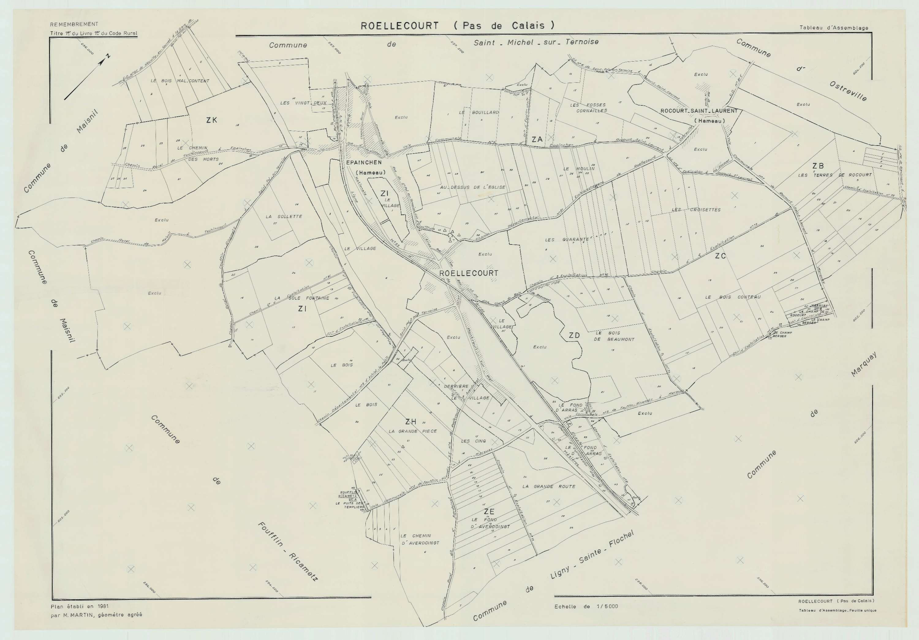 Roëllecourt - Plan cadastral : tableau d'assemblage postérieur au remembrement.