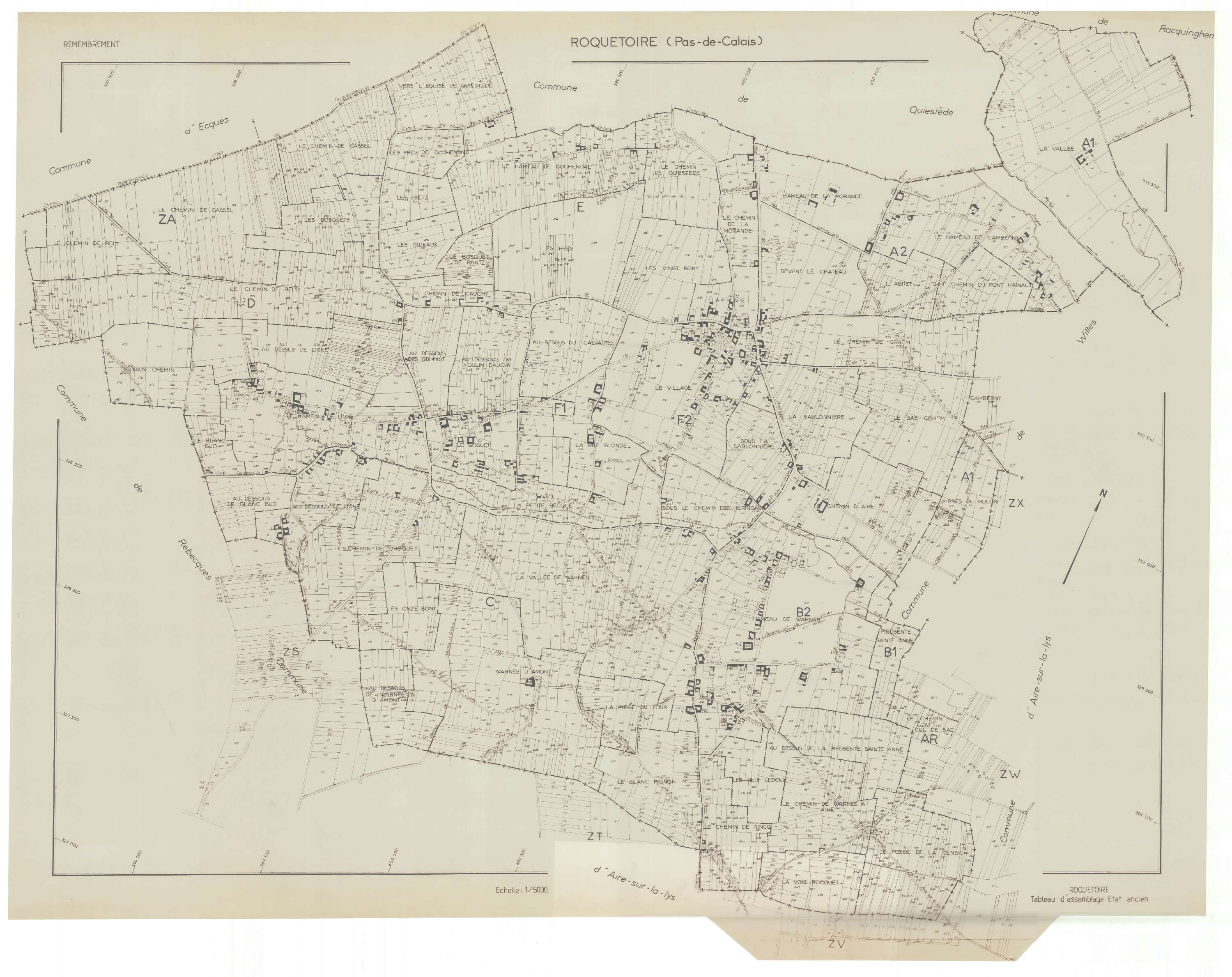 Roquetoire - Plan cadastral : tableau d'assemblage antérieur au remembrement.