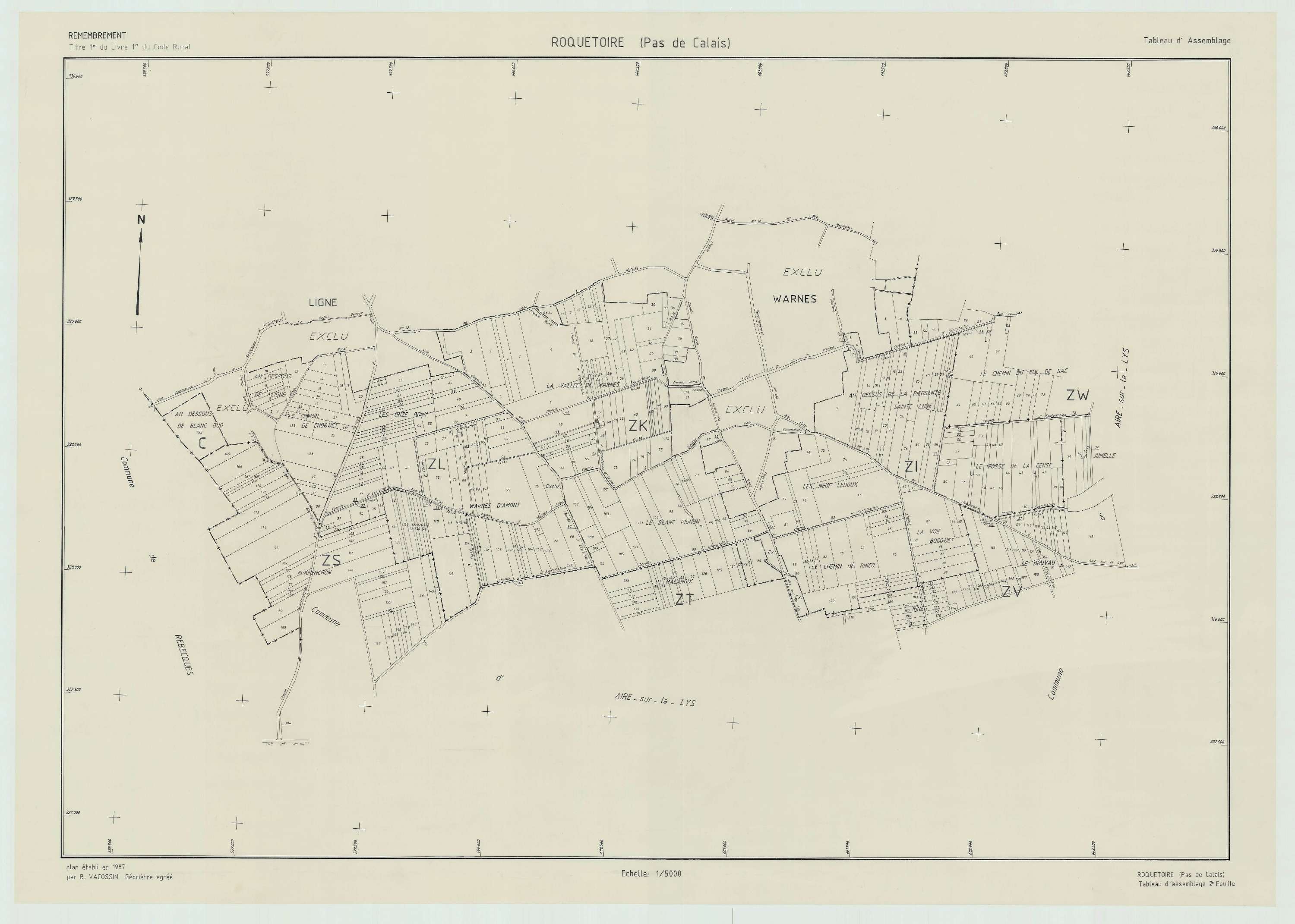 Roquetoire - Plan cadastral : tableau d'assemblage postérieur au remembrement.