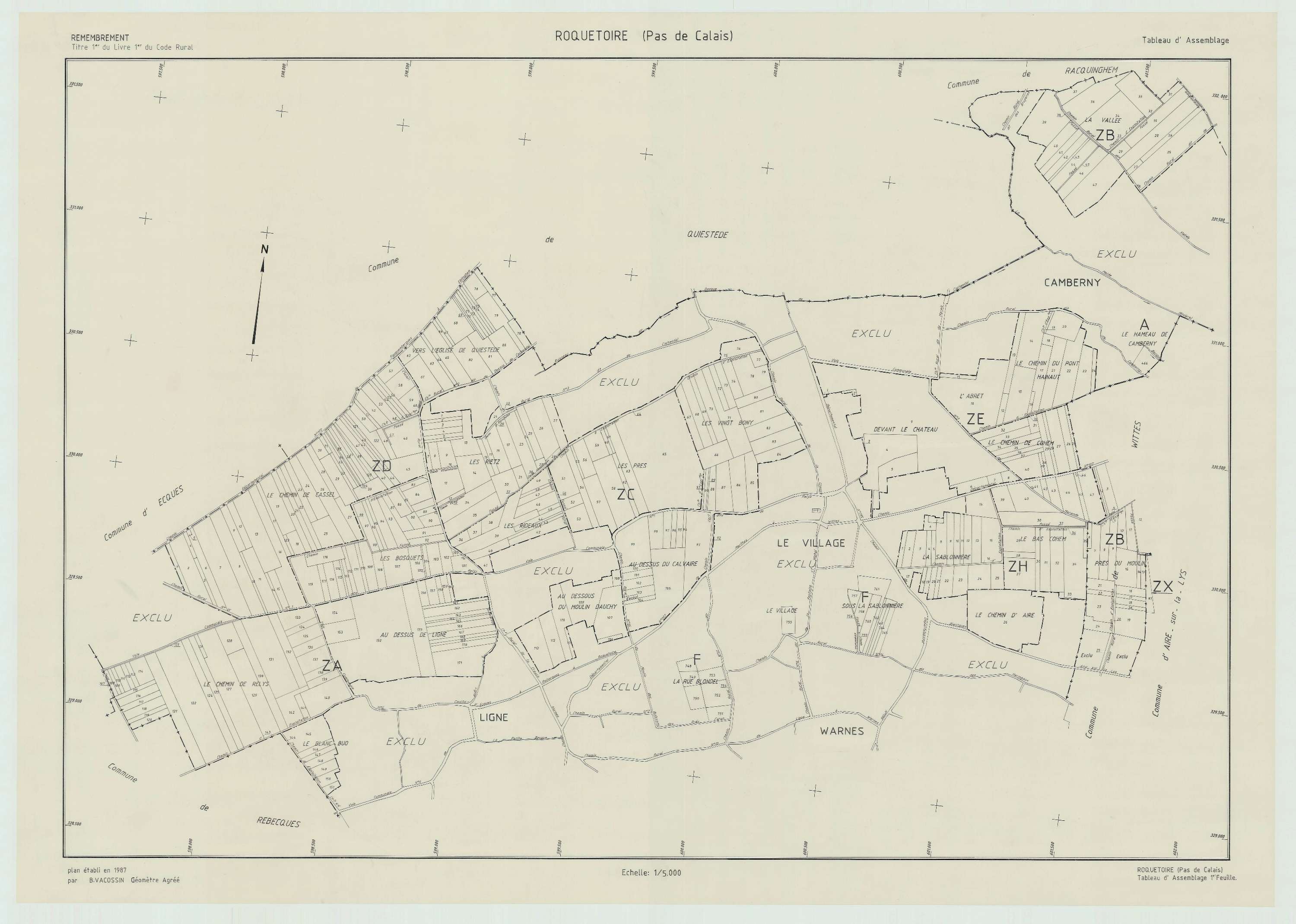 Roquetoire - Plan cadastral : tableau d'assemblage postérieur au remembrement.
