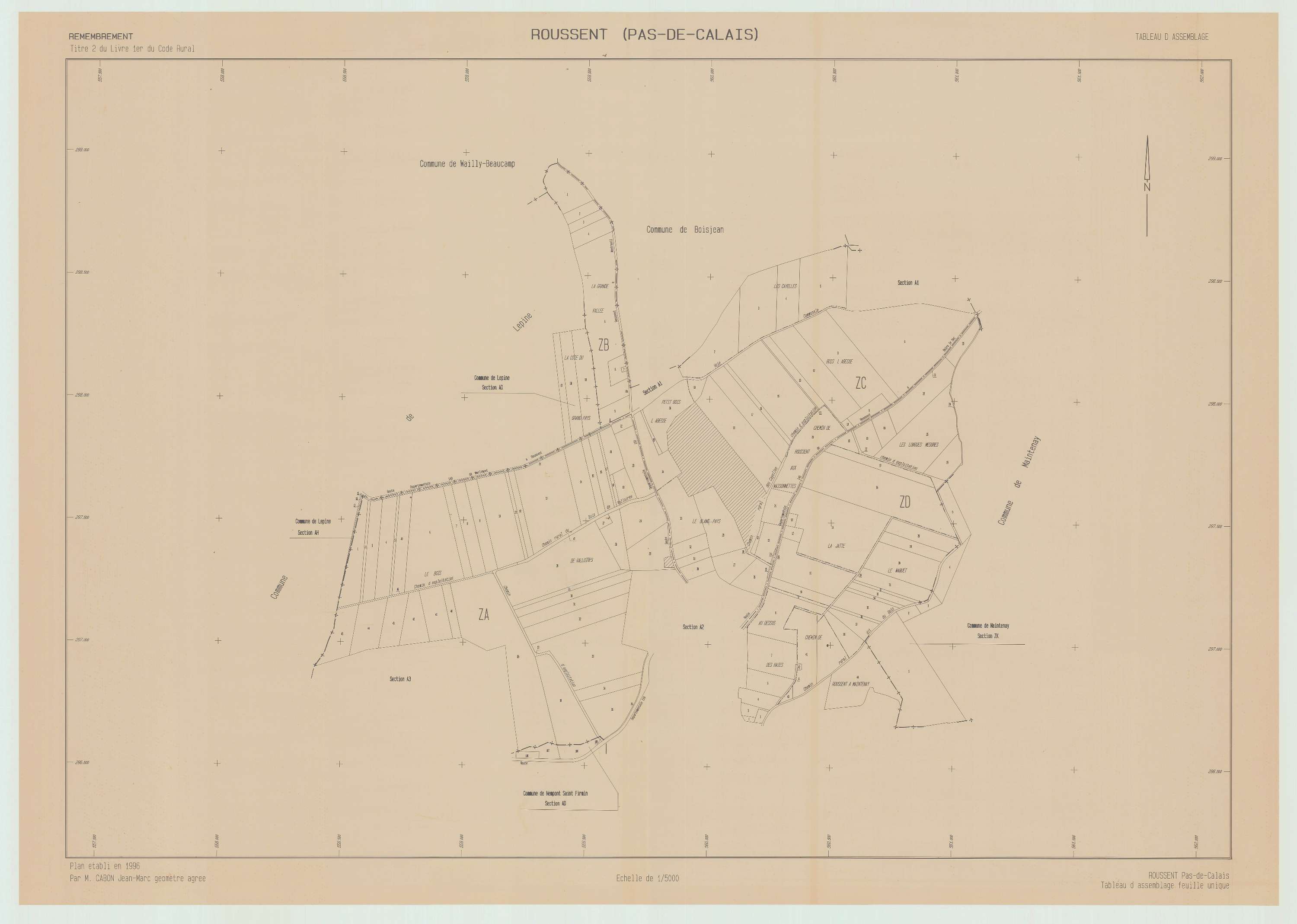 Roussent - Plan cadastral : tableau d'assemblage postérieur au remembrement.