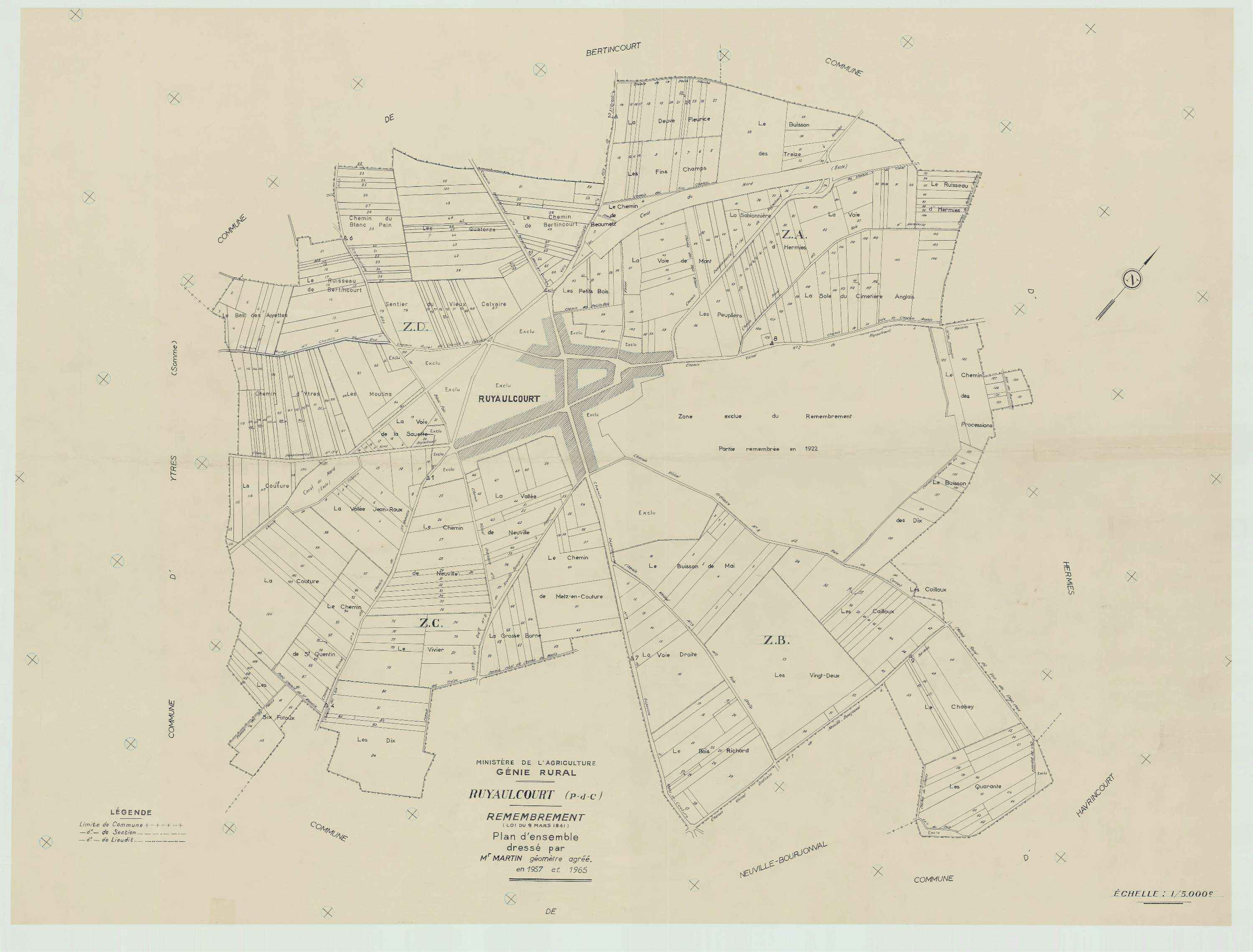 Ruyaulcourt - Plan cadastral : tableau d'assemblage antérieur au remembrement.