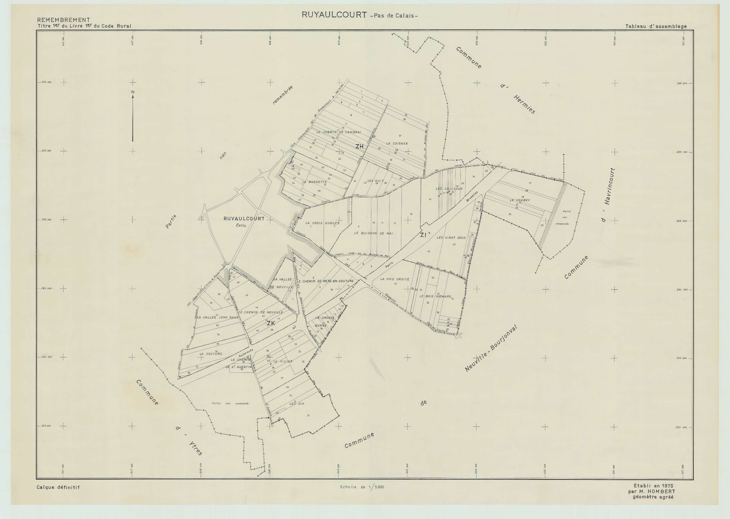 Ruyaulcourt - Plan cadastral : tableau d'assemblage postérieur au remembrement.