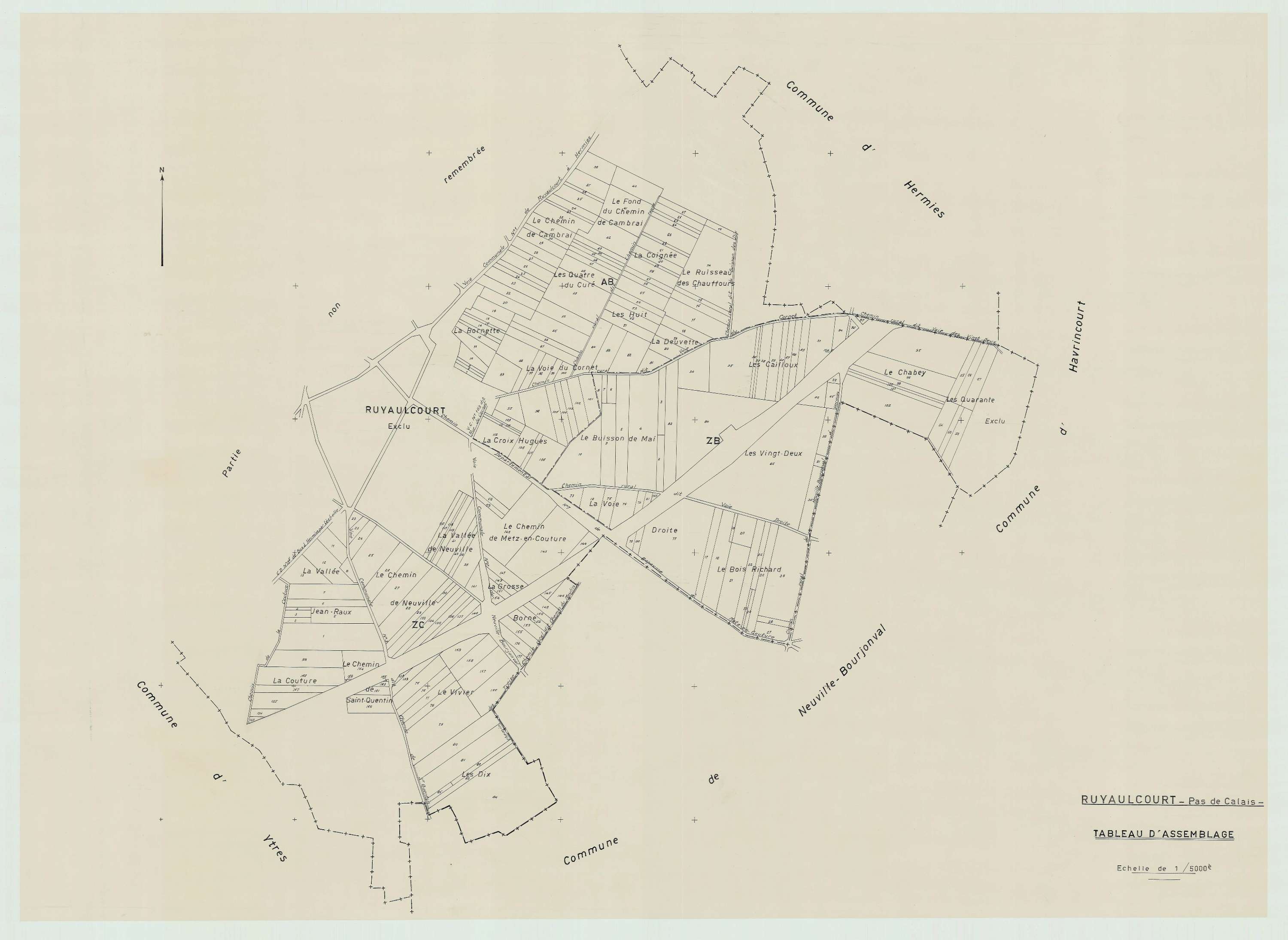 Ruyaulcourt - Plan cadastral : tableau d'assemblage postérieur au remembrement.
