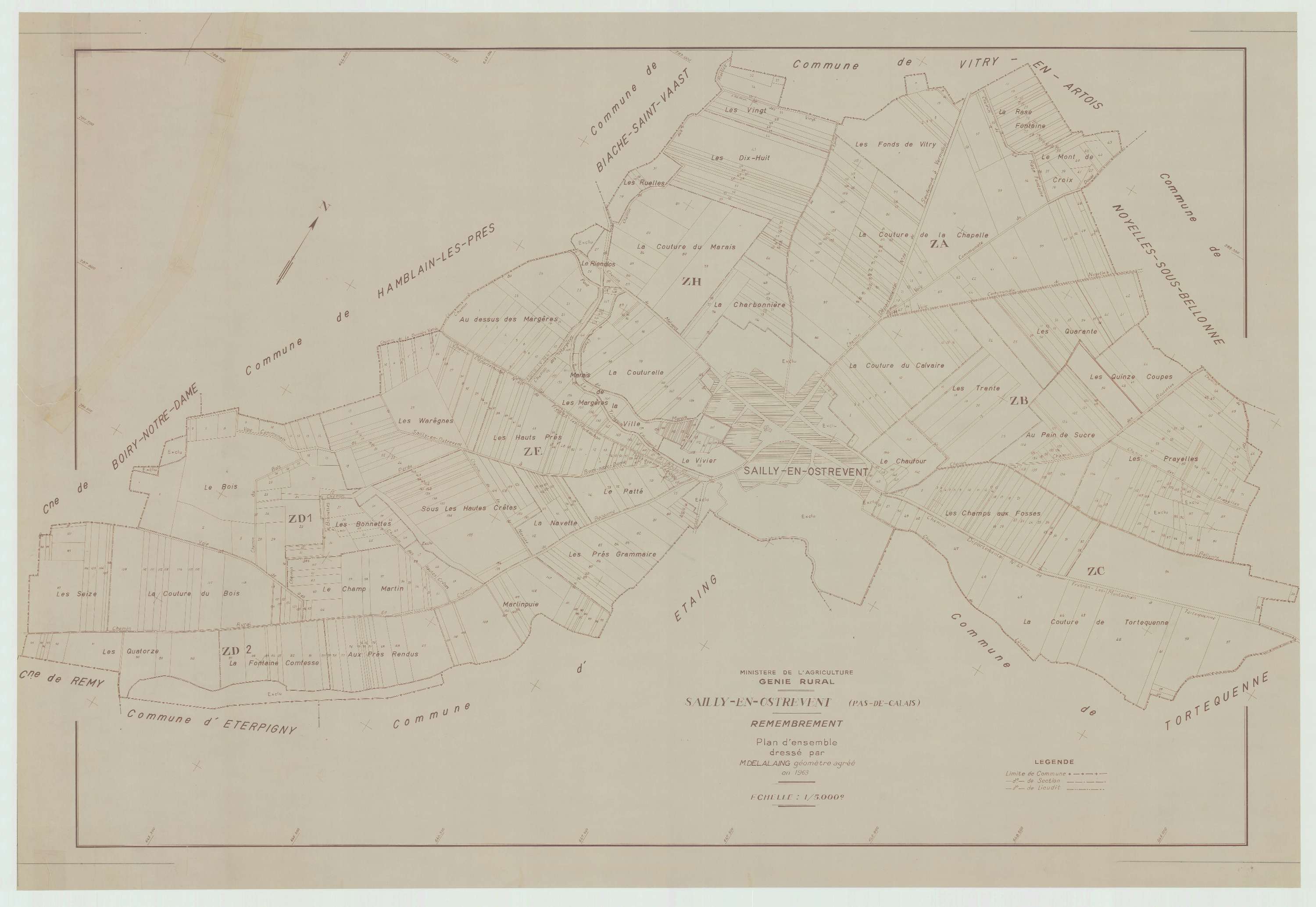 Sailly-en-Ostrevent - Plan cadastral : tableau d'assemblage postérieur au remembrement.