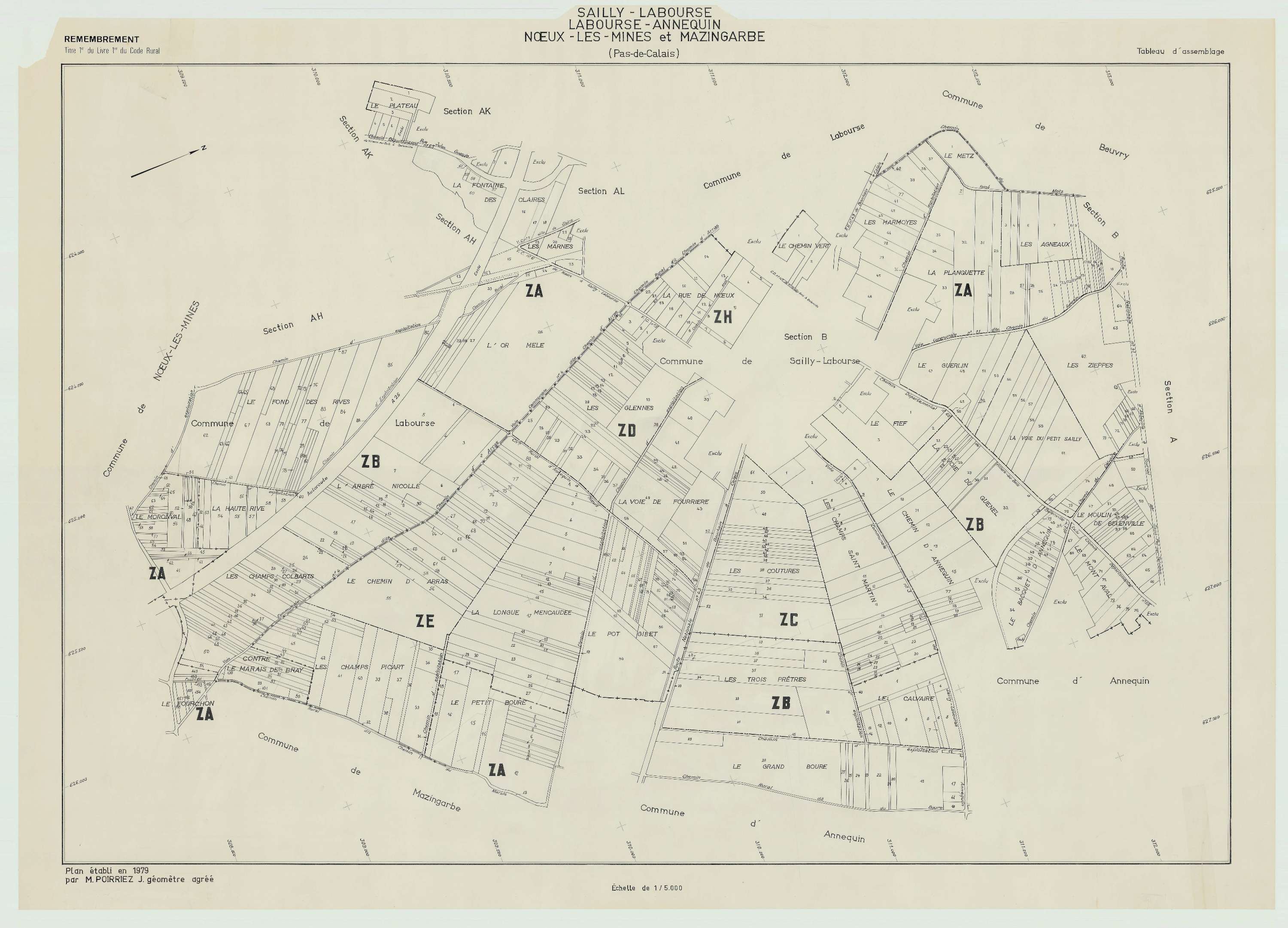 Sailly-Labourse - Plan cadastral : tableau d'assemblage postérieur au remembrement.