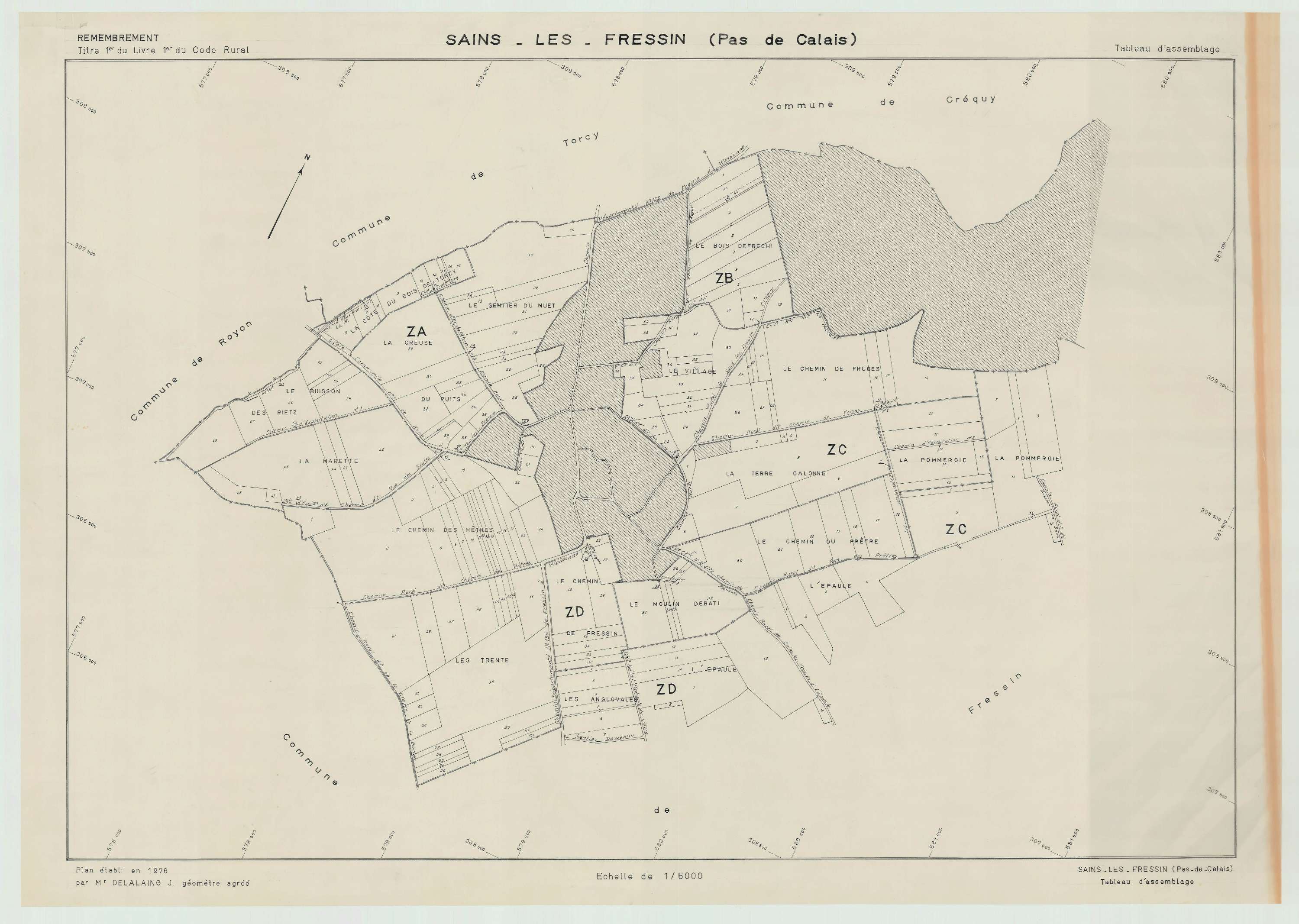 Sains-lès-Fressin - Plan cadastral : tableau d'assemblage postérieur au remembrement.