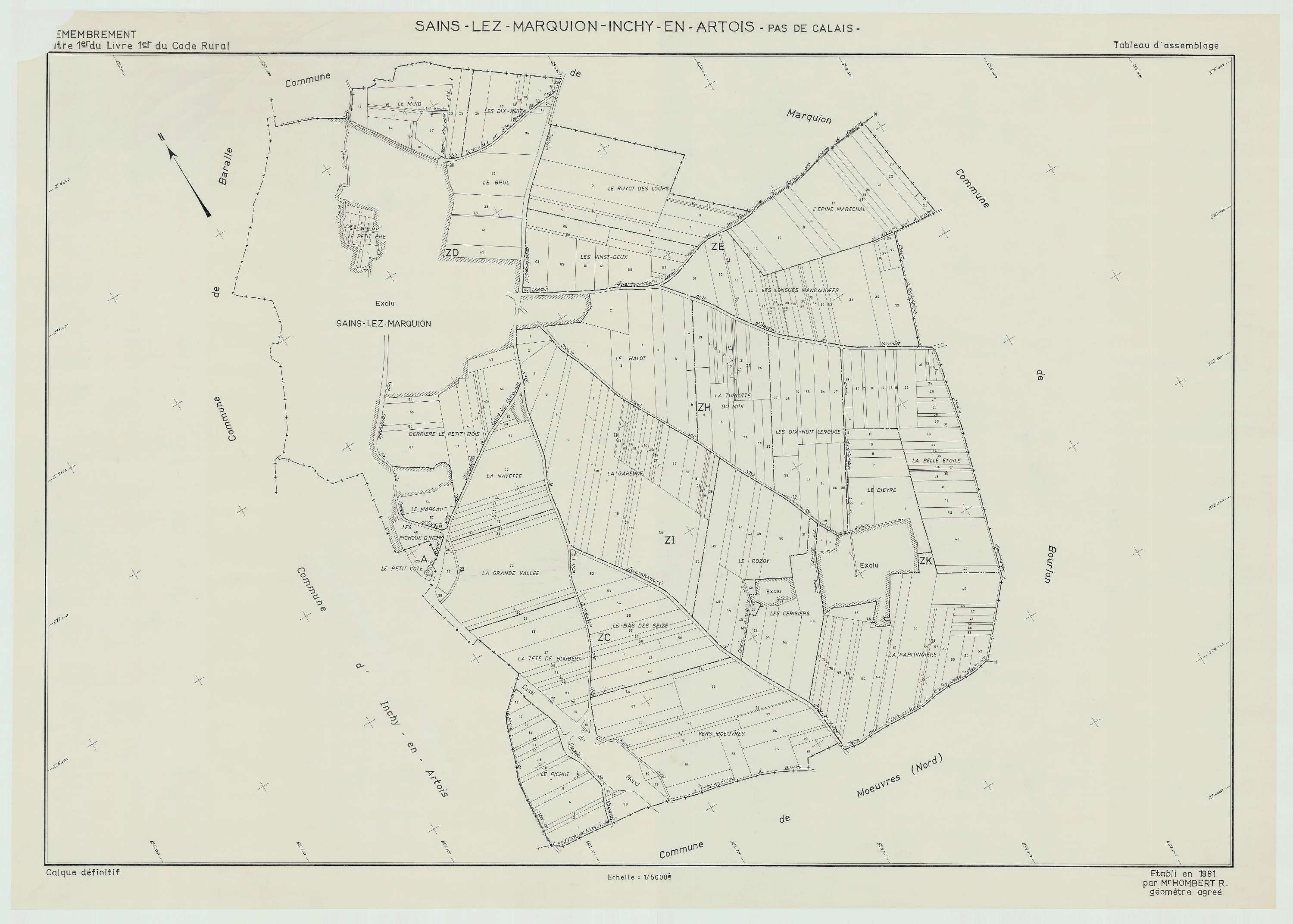 Sains-lès-Marquion - Plan cadastral : tableau d'assemblage postérieur au remembrement.