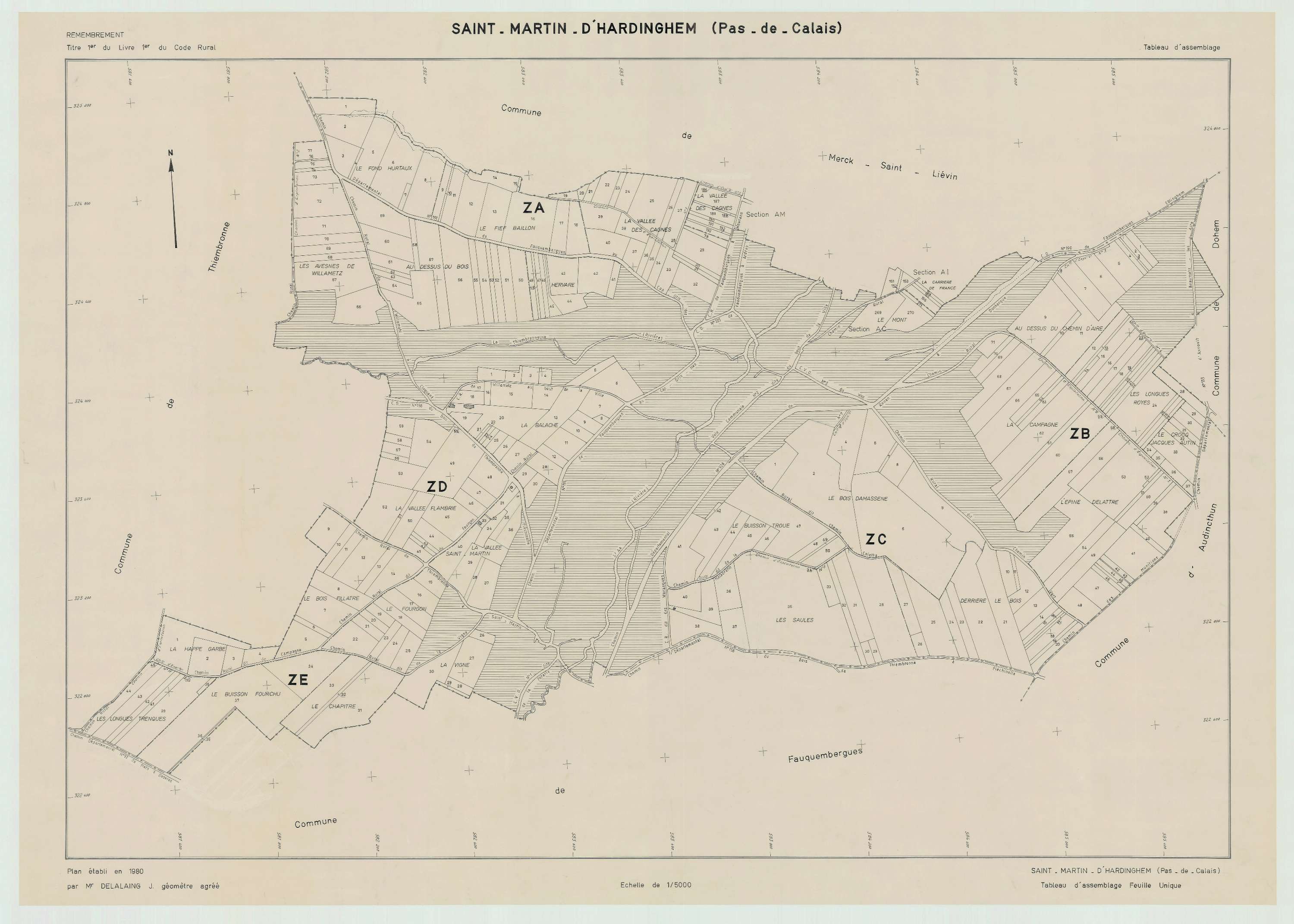 Saint-Martin-d'Hardinghem - Plan cadastral : tableau d'assemblage postérieur au remembrement.