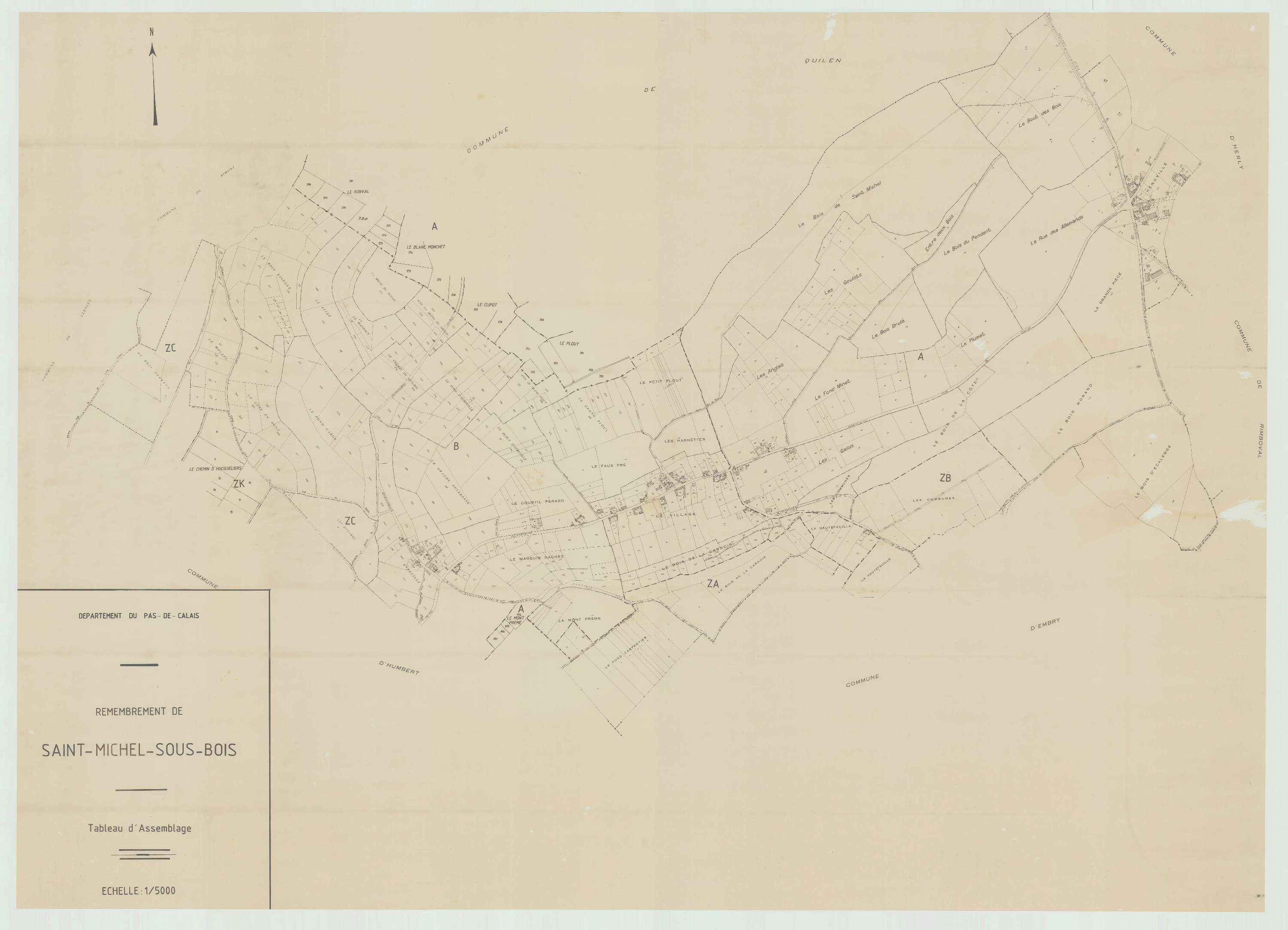 Saint-Michel-sous-Bois - Plan cadastral : tableau d'assemblage antérieur au remembrement.