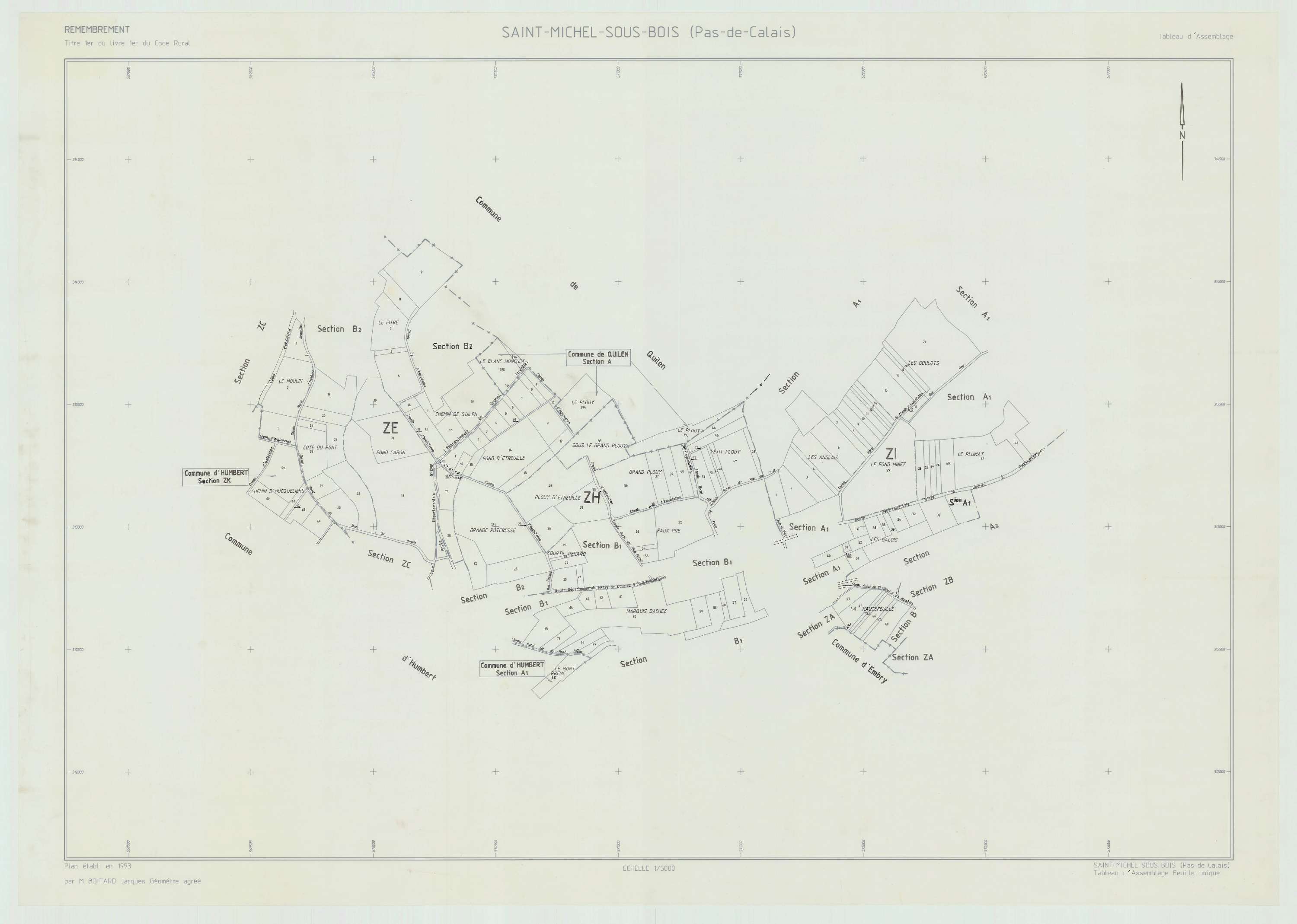 Saint-Michel-sous-Bois - Plan cadastral : tableau d'assemblage postérieur au remembrement.