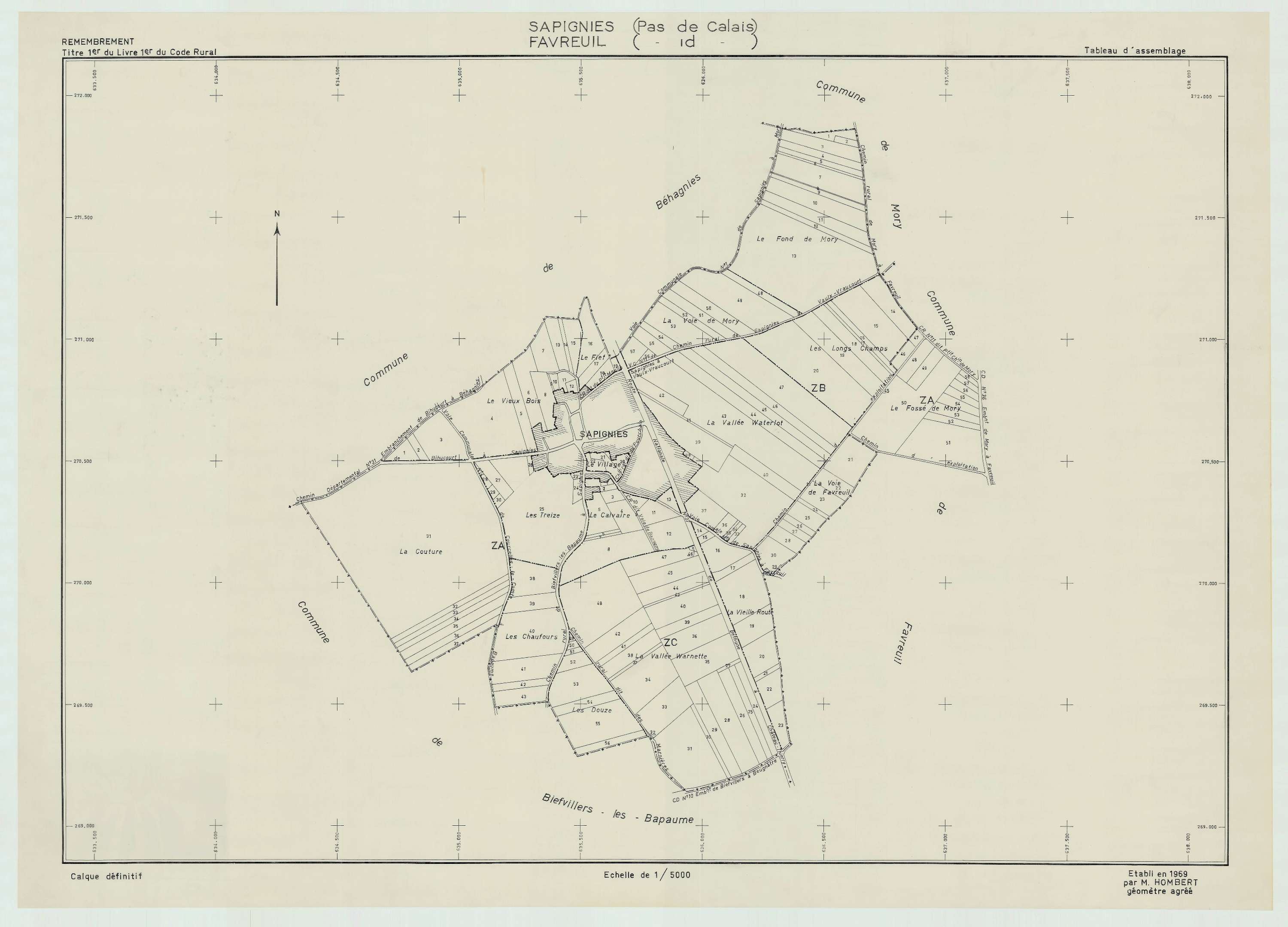 Sapignies - Plan cadastral : tableau d'assemblage postérieur au remembrement.