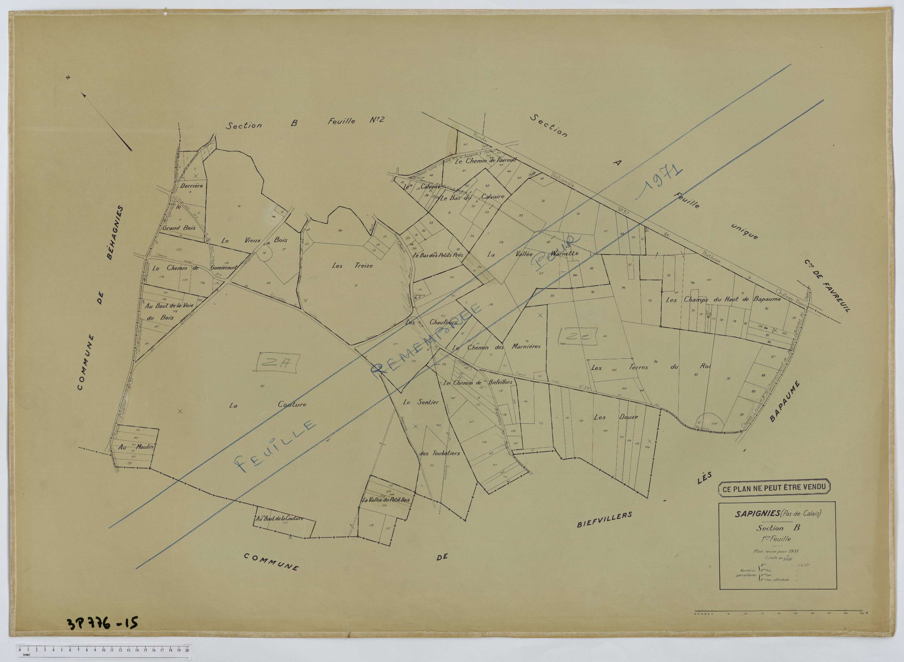 Sapignies - Section B, feuille 1.