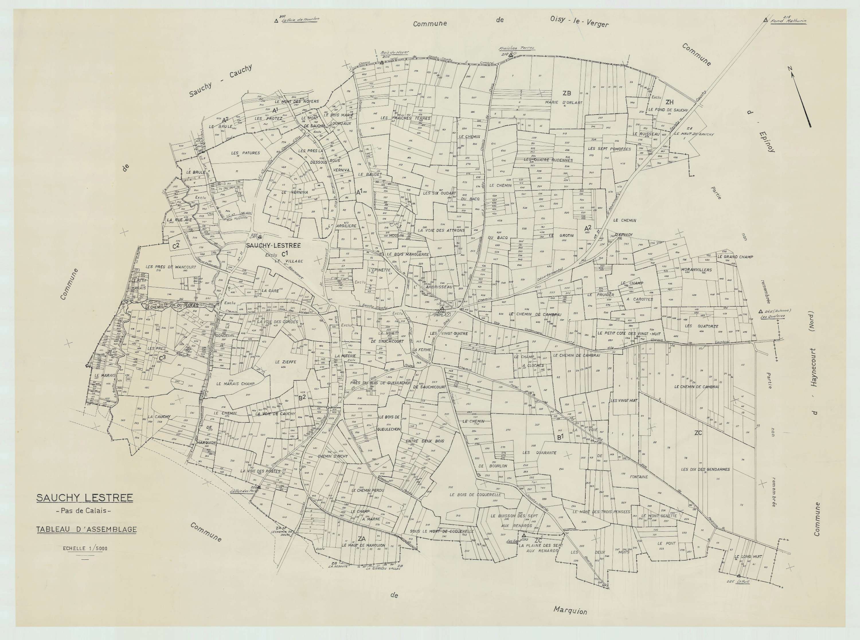 Sauchy-Lestrée - Plan cadastral : tableau d'assemblage antérieur au remembrement.