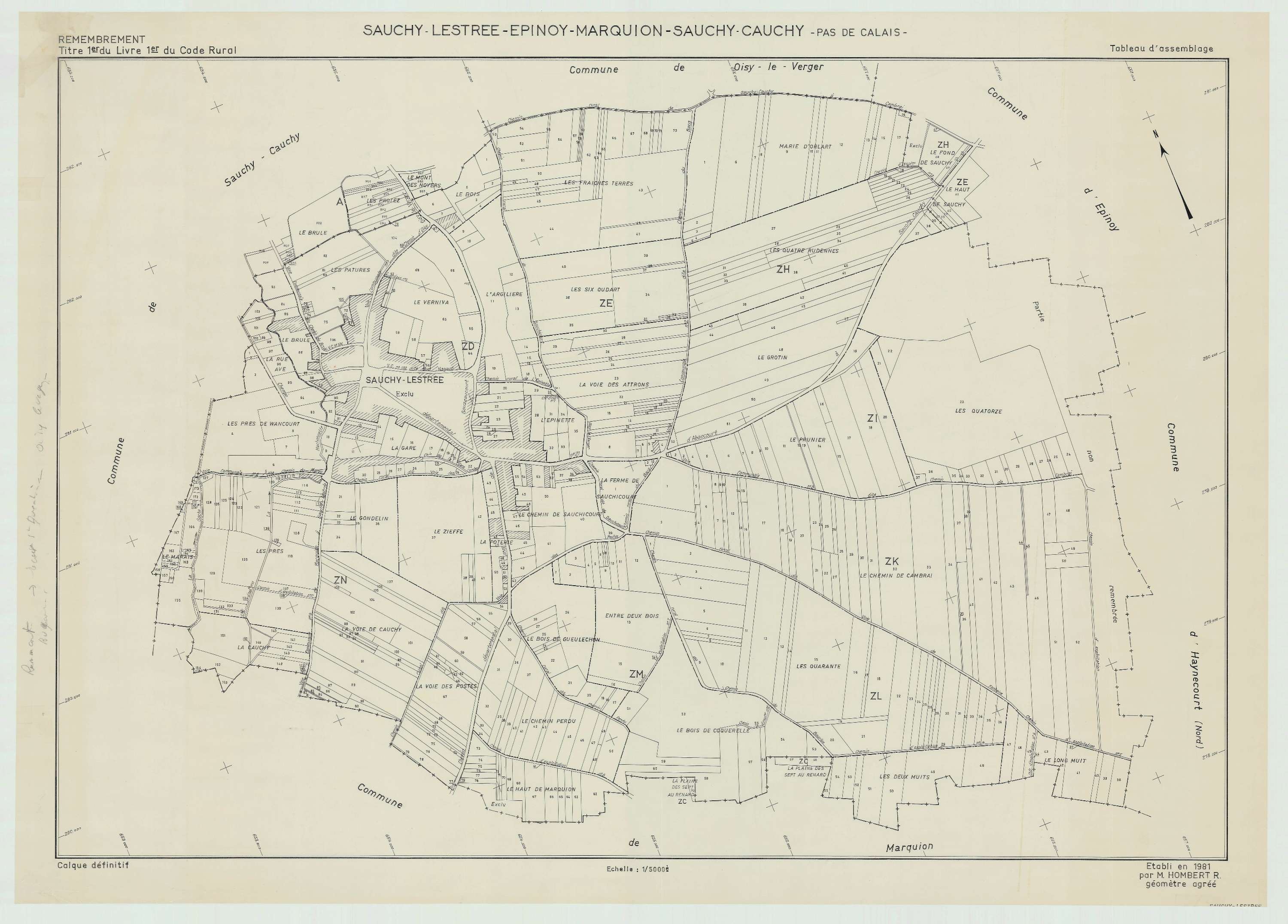 Sauchy-Lestrée - Plan cadastral : tableau d'assemblage postérieur au remembrement.