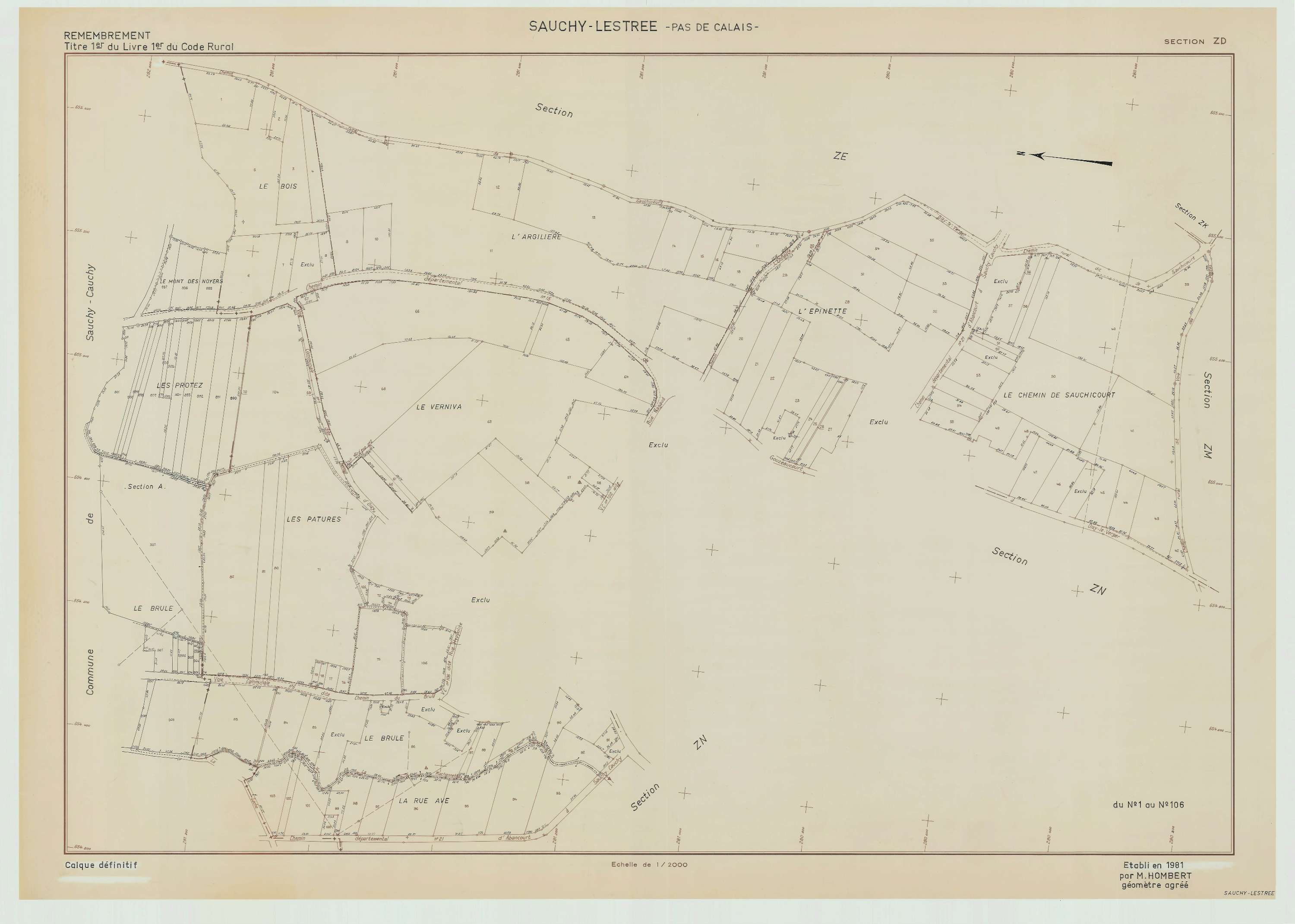 Sauchy-Lestrée - Plan de remembrement : section ZD.