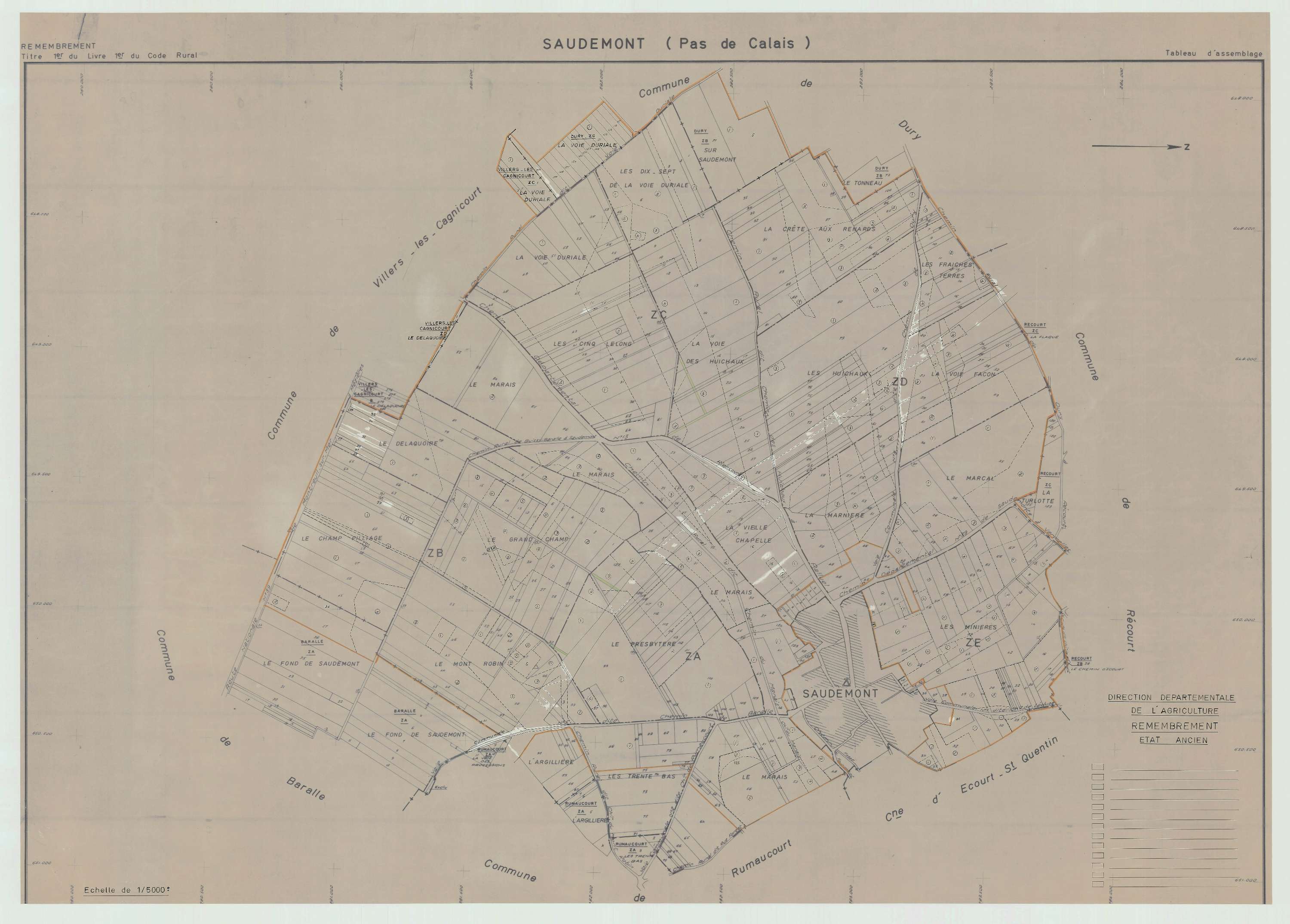 Saudemont - Plan cadastral : tableau d'assemblage antérieur au remembrement.