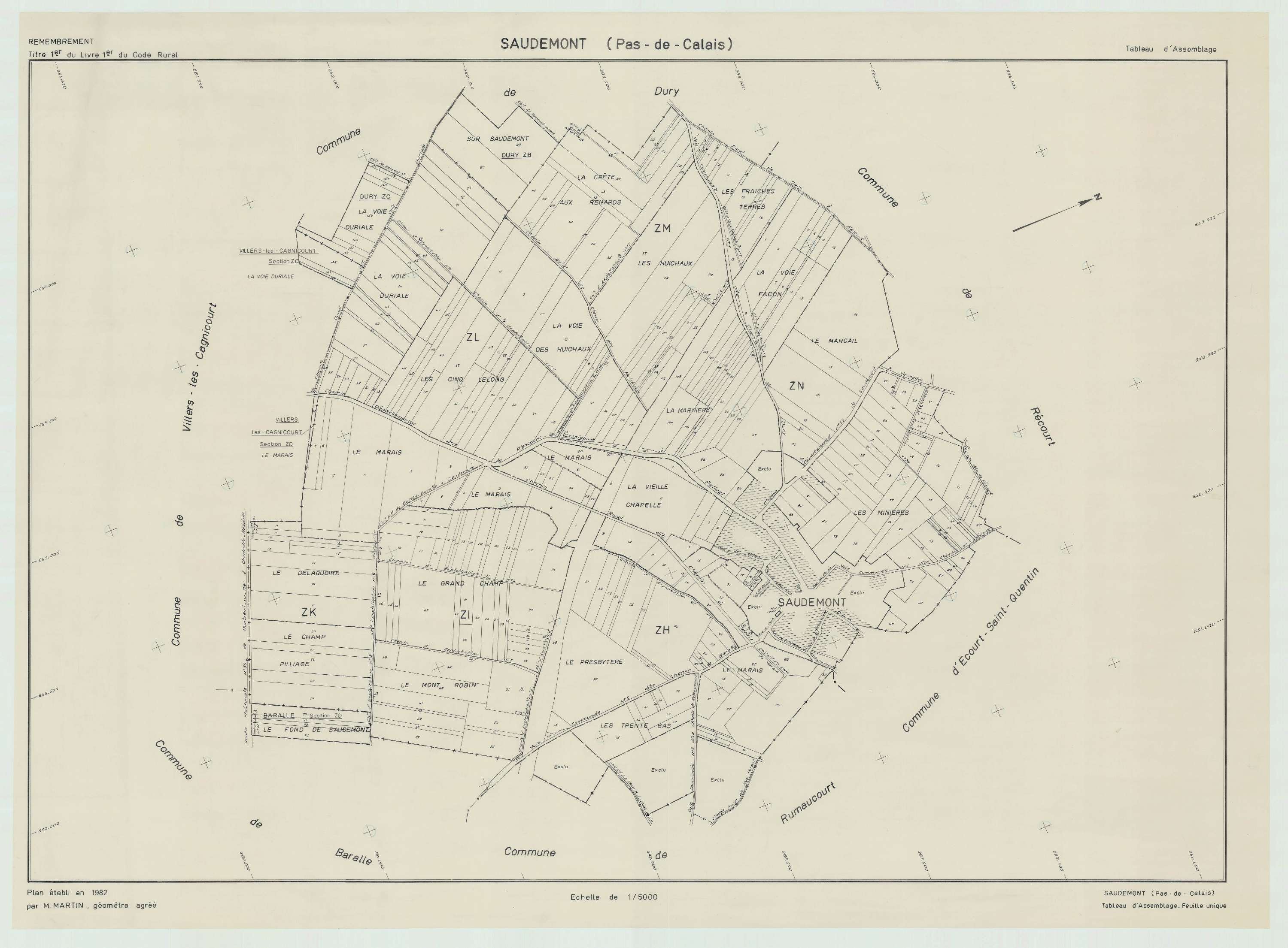 Saudemont - Plan cadastral : tableau d'assemblage postérieur au remembrement.