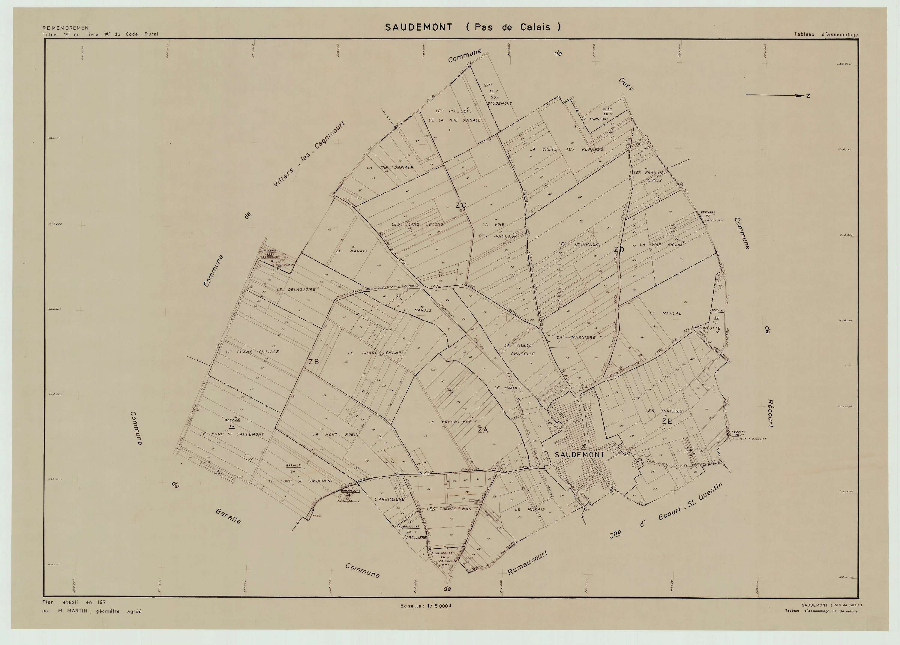 Saudemont - Plan cadastral : tableau d'assemblage postérieur au remembrement.