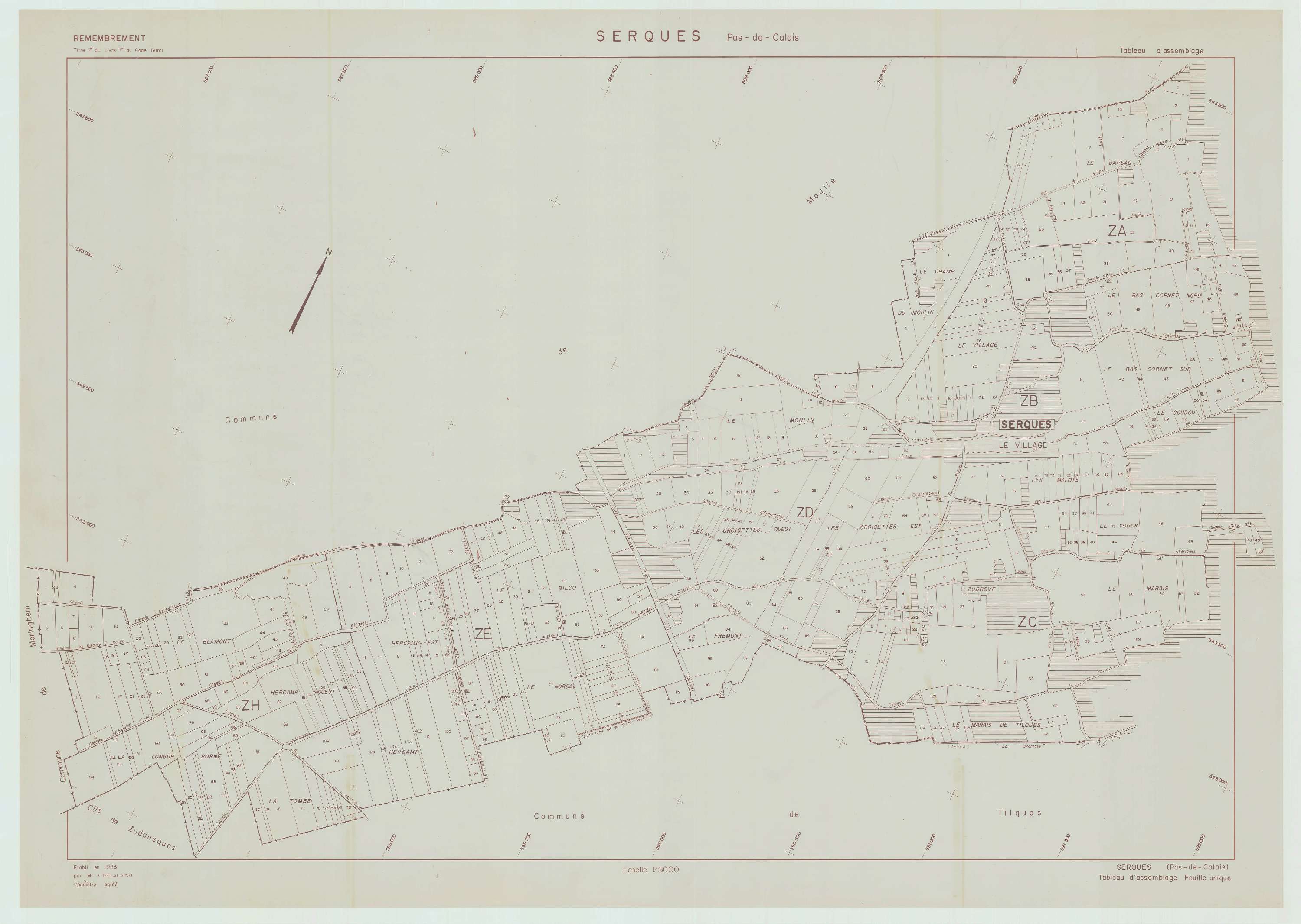 Serques - Plan cadastral : tableau d'assemblage postérieur au remembrement.
