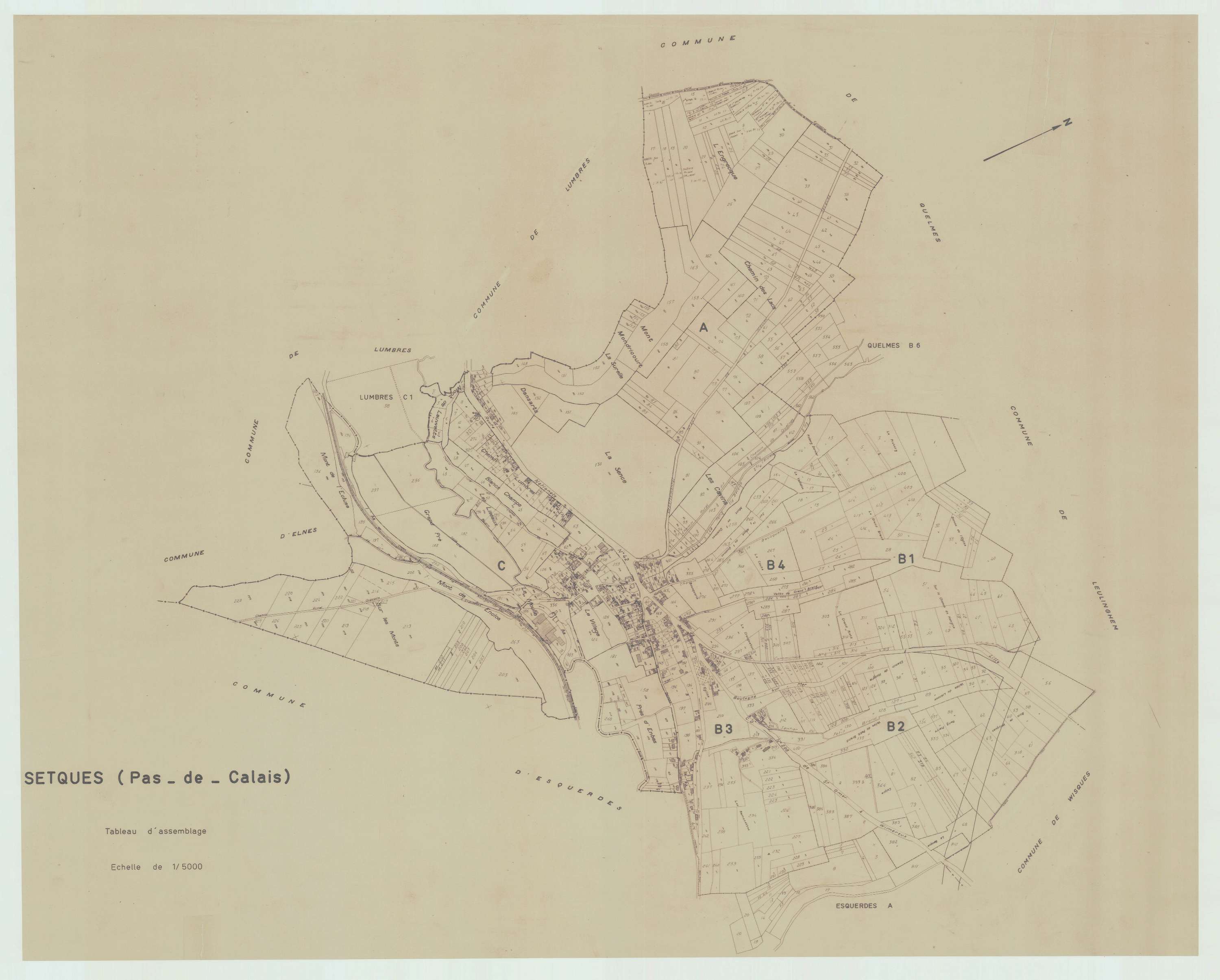 Setques - Plan cadastral : tableau d'assemblage antérieur au remembrement.