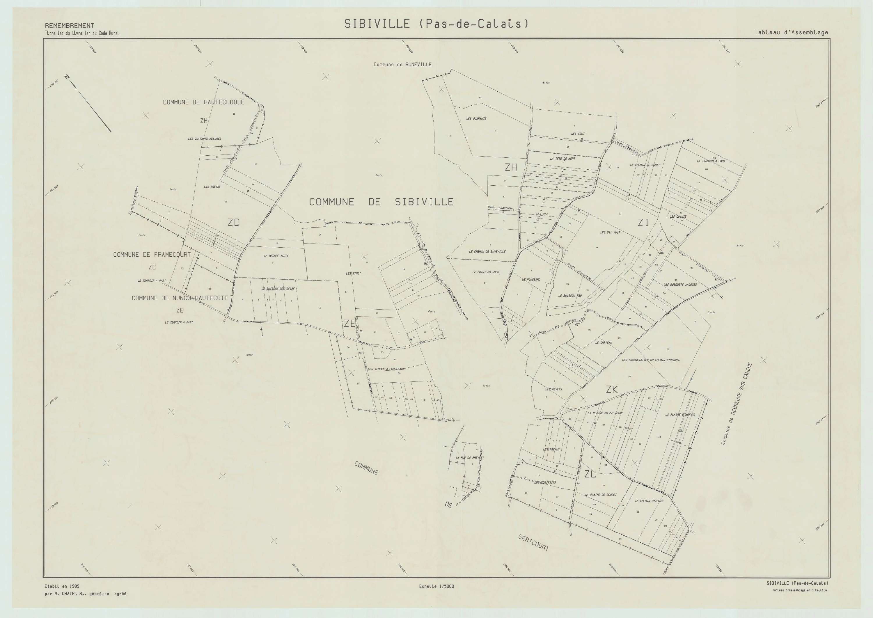 Sibiville - Plan cadastral : tableau d'assemblage postérieur au remembrement.
