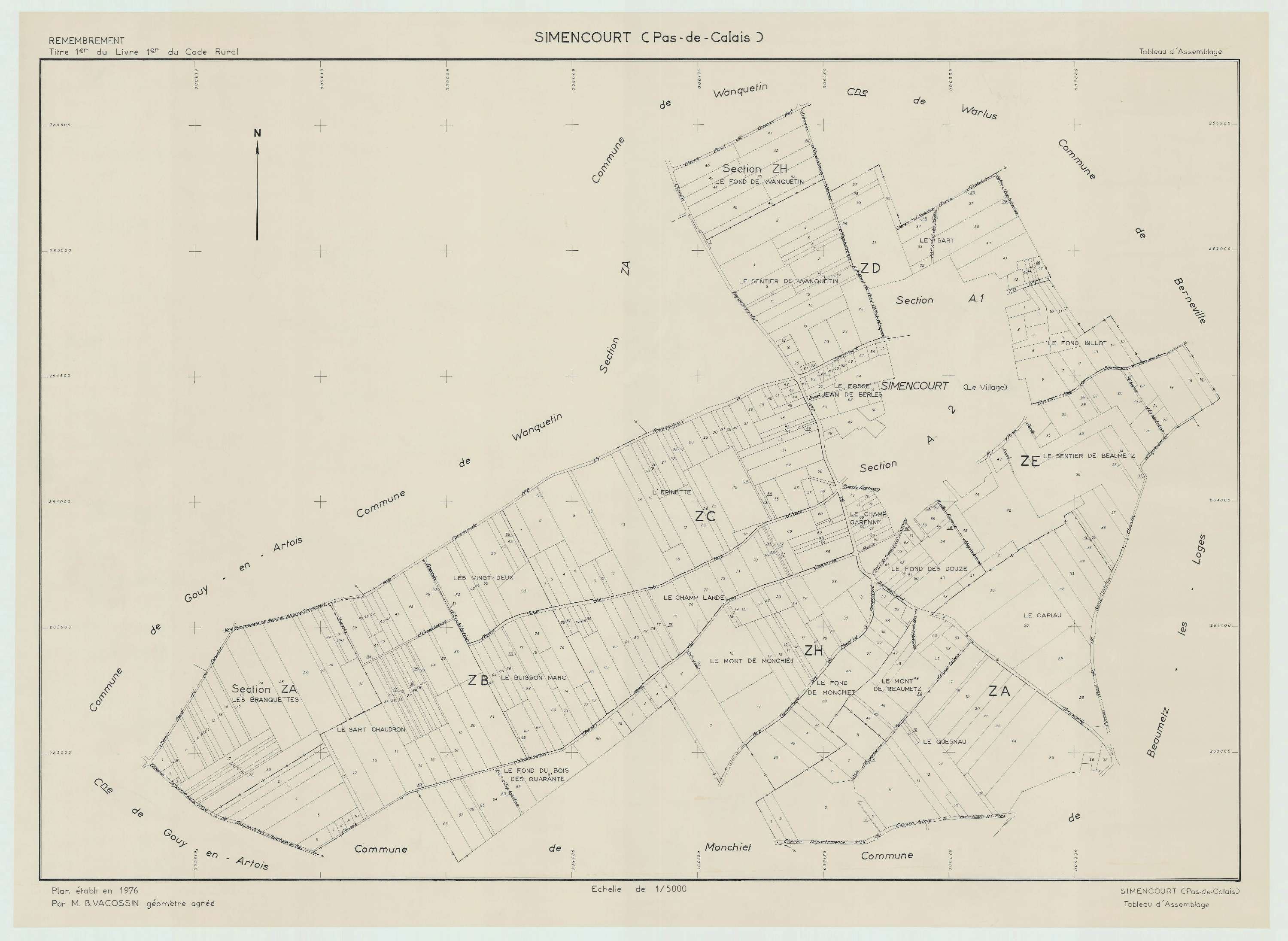 Simencourt - Plan cadastral : tableau d'assemblage postérieur au remembrement.