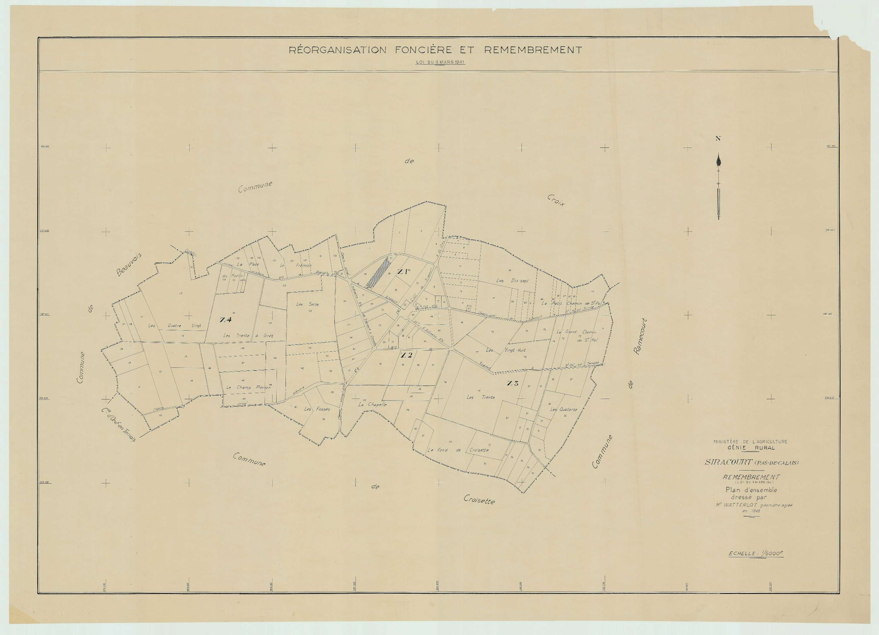 Siracourt - Plan cadastral : tableau d'assemblage postérieur au remembrement.