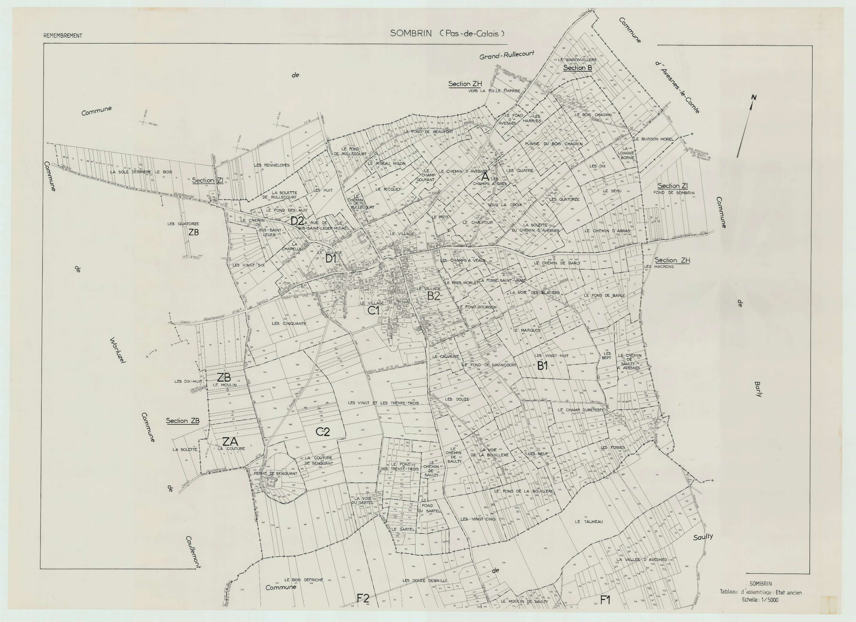 Sombrin - Plan cadastral : tableau d'assemblage antérieur au remembrement.