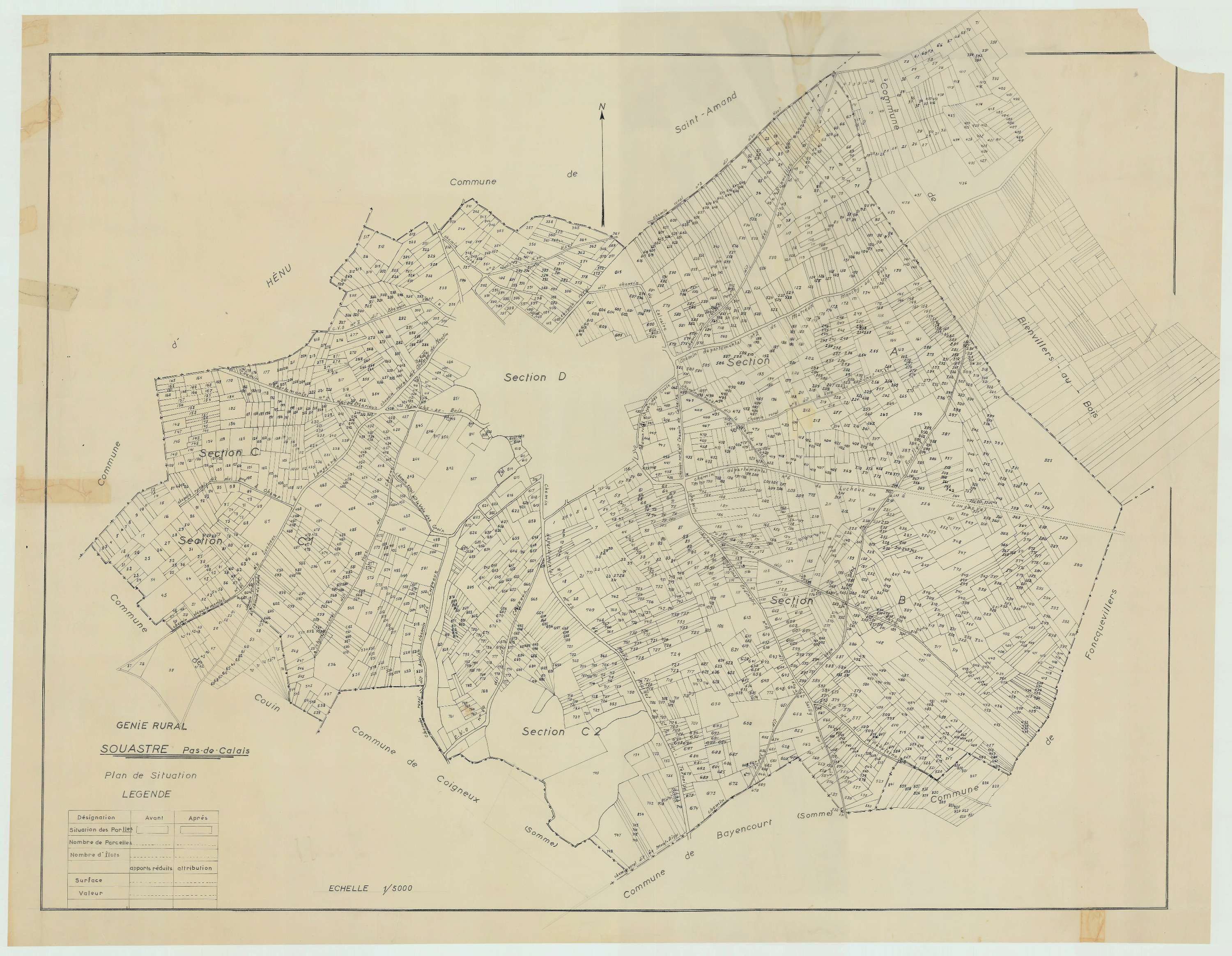 Souastre - Plan cadastral : tableau d'assemblage antérieur au remembrement.
