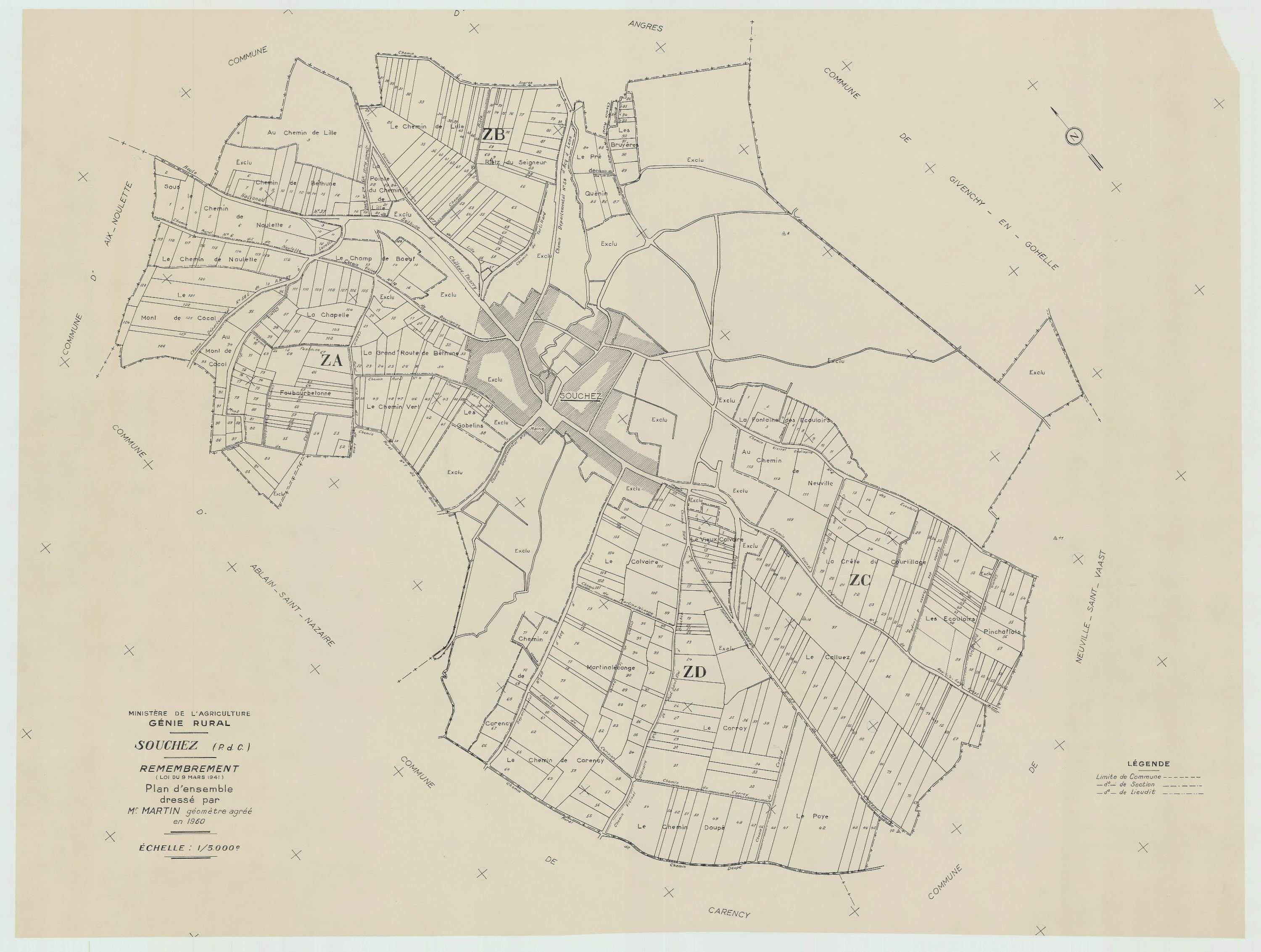 Souchez - Plan cadastral : tableau d'assemblage postérieur au remembrement.
