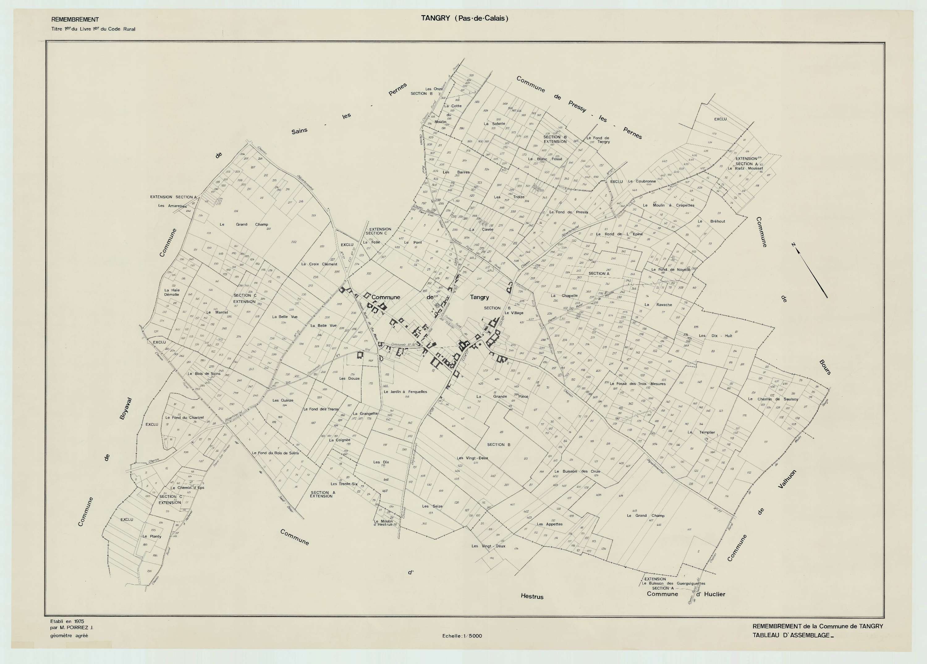 Tangry - Plan cadastral : tableau d'assemblage antérieur au remembrement.
