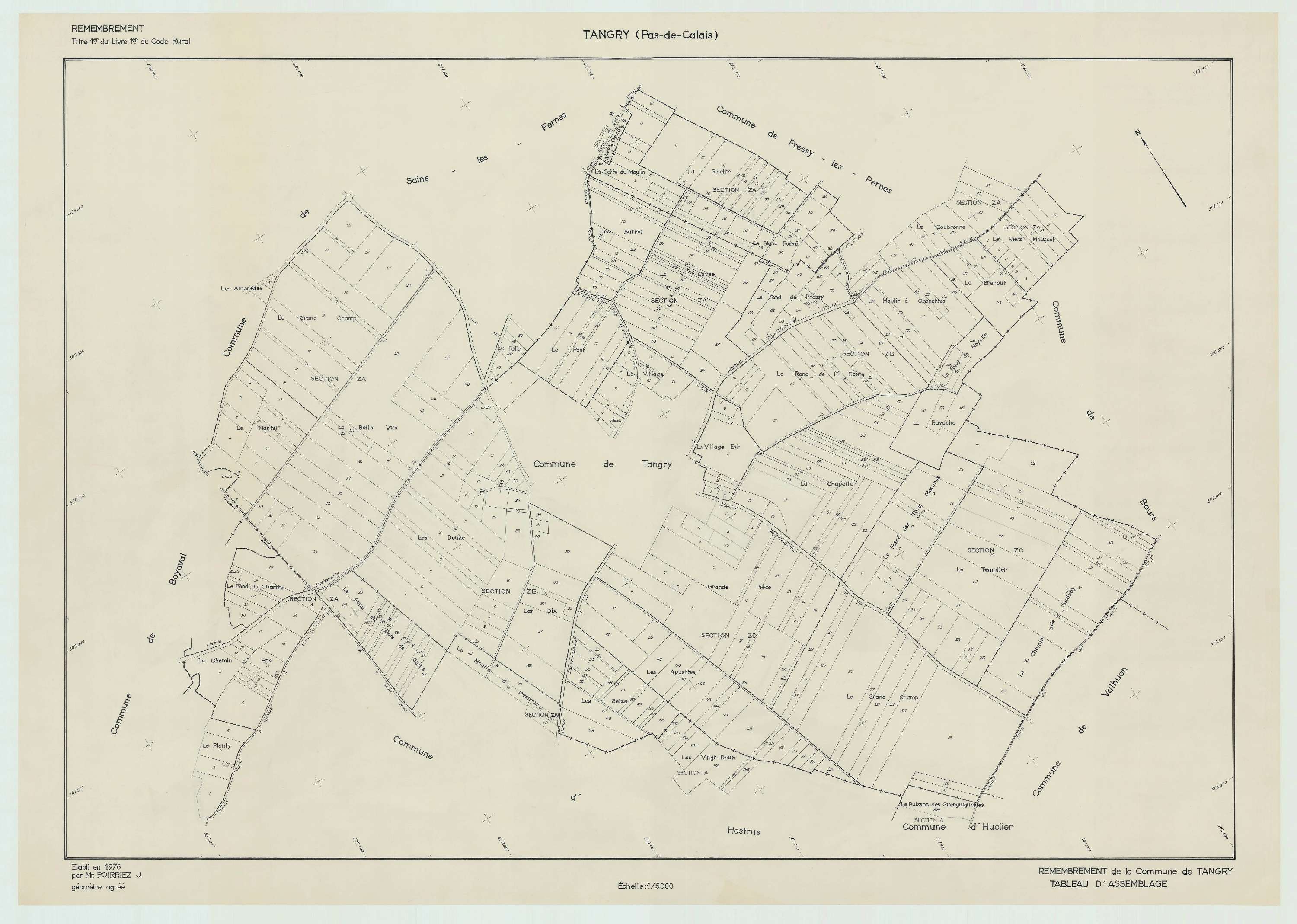 Tangry - Plan cadastral : tableau d'assemblage postérieur au remembrement.