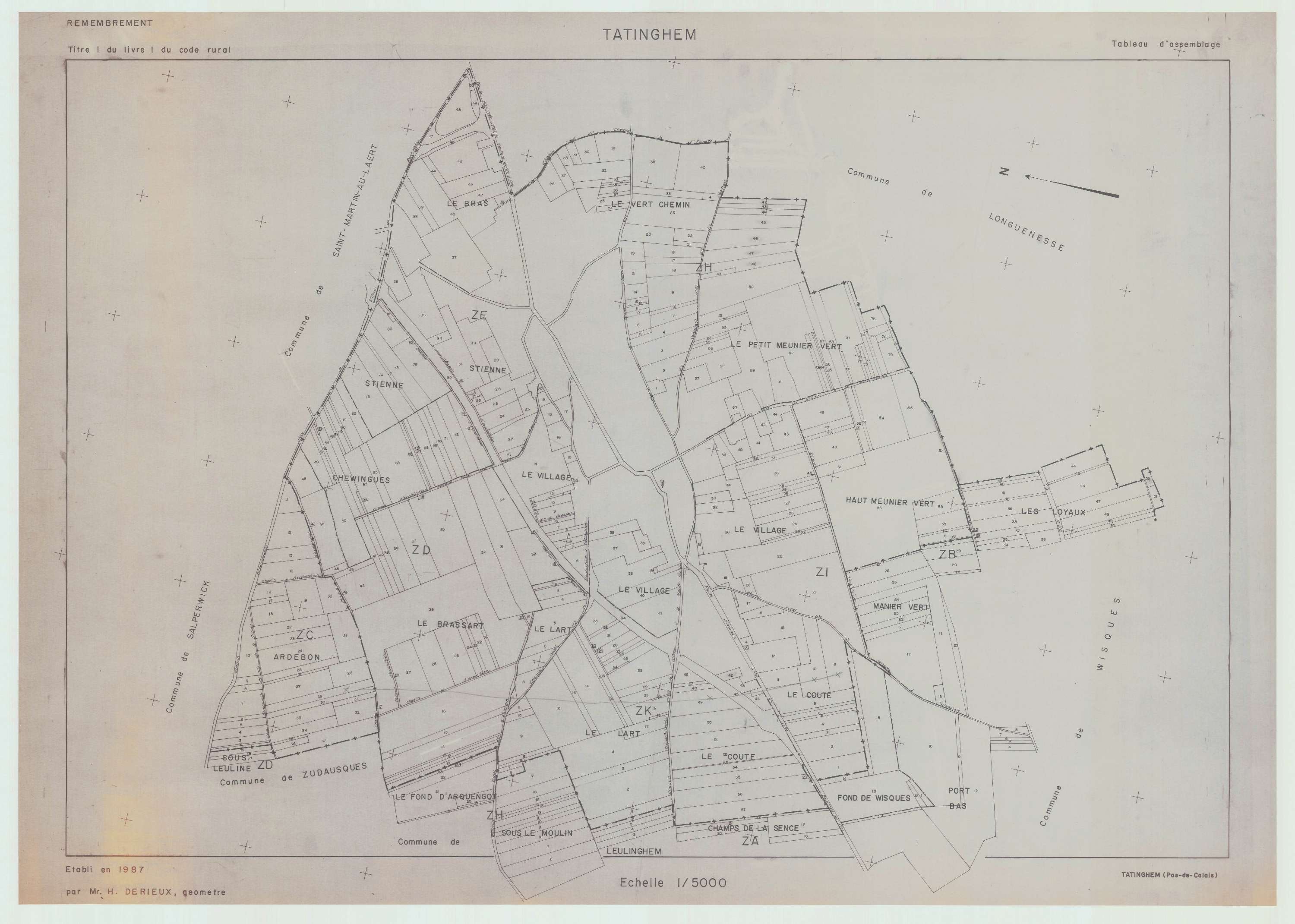 Tatinghem - Plan cadastral : tableau d'assemblage postérieur au remembrement.