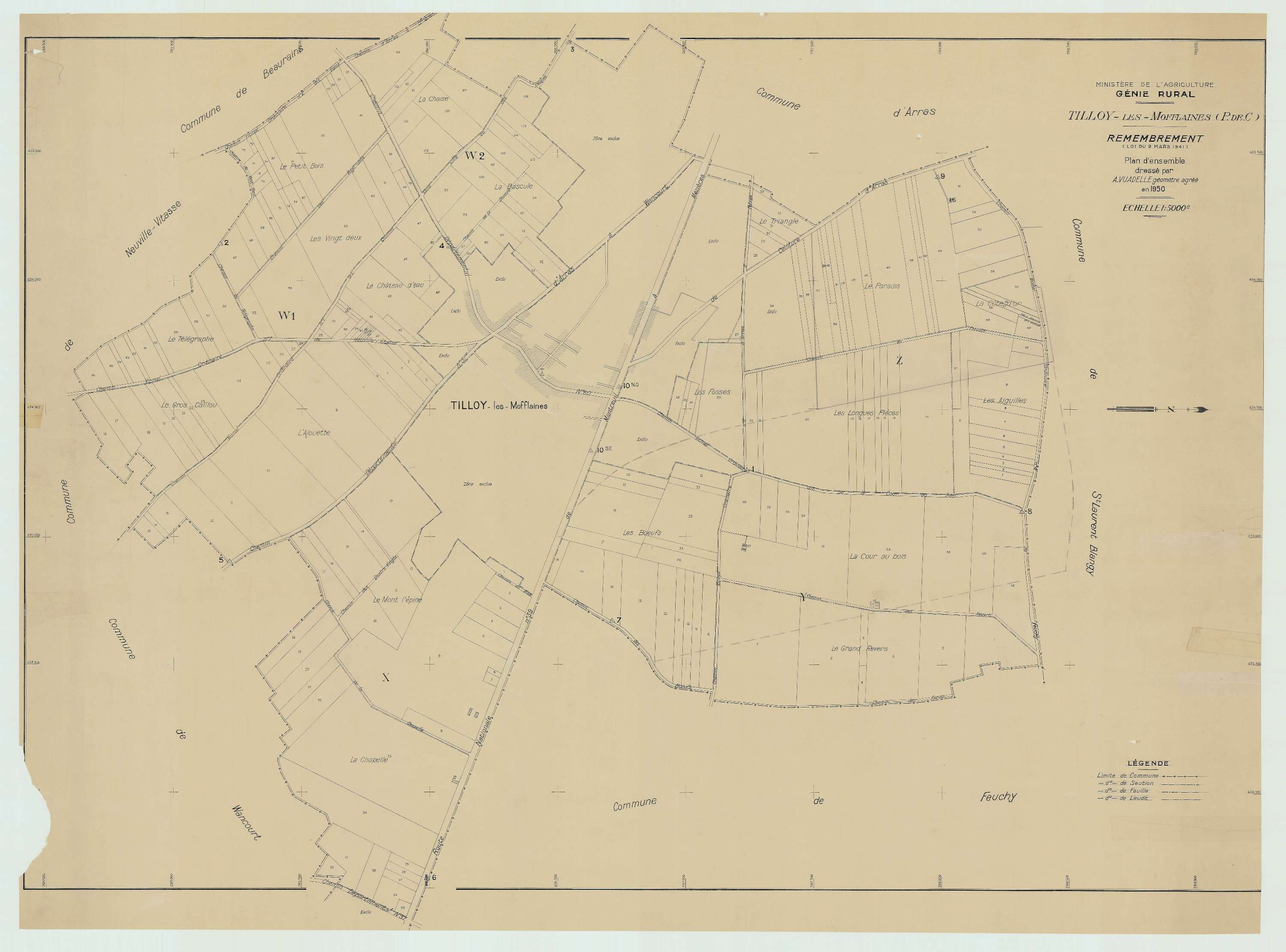 Tilloy-lès-Mofflaines - Plan cadastral : tableau d'assemblage postérieur au remembrement.
