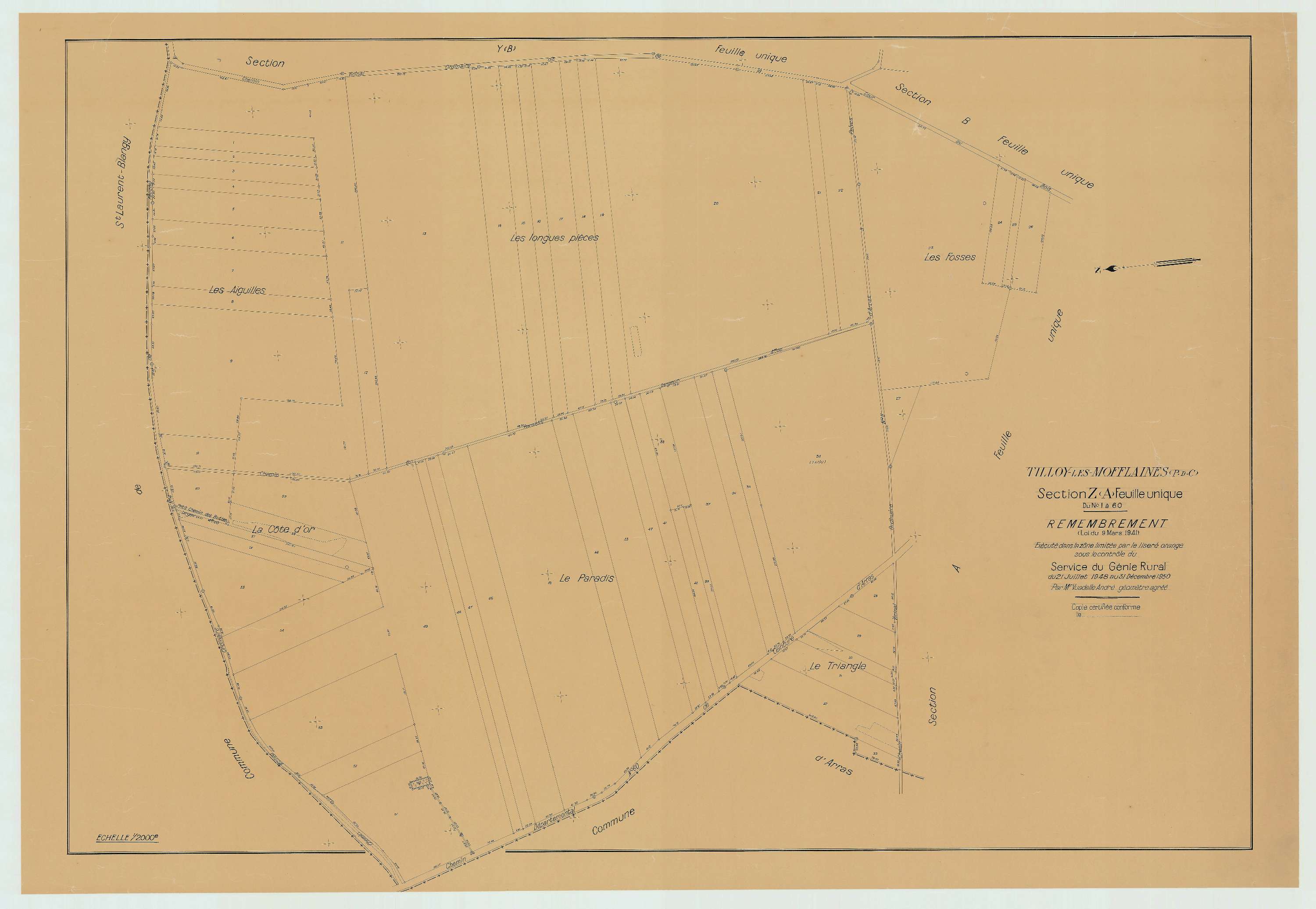 Tilloy-lès-Mofflaines - Plan de remembrement : section YB.