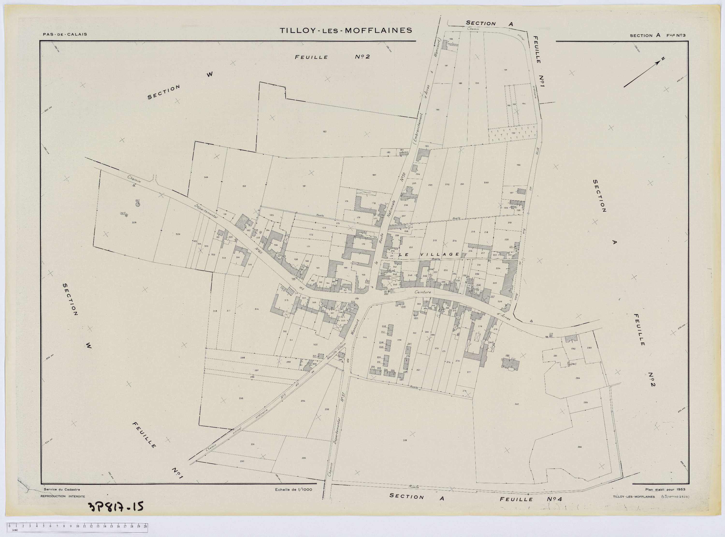 Tilloy-lès-Mofflaines - Section A, feuille 3.