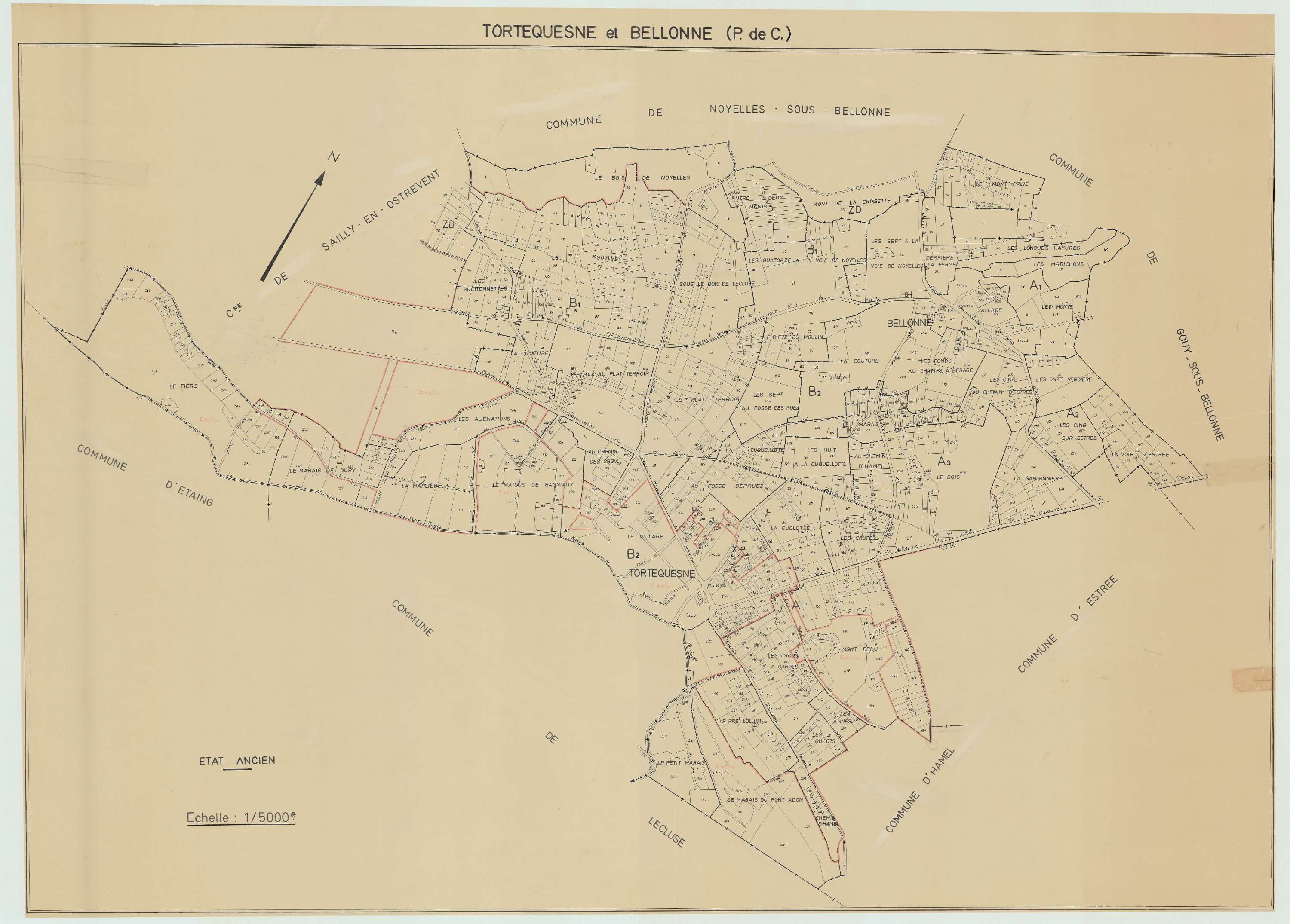 Tortequesne - Plan cadastral : tableau d'assemblage antérieur au remembrement.