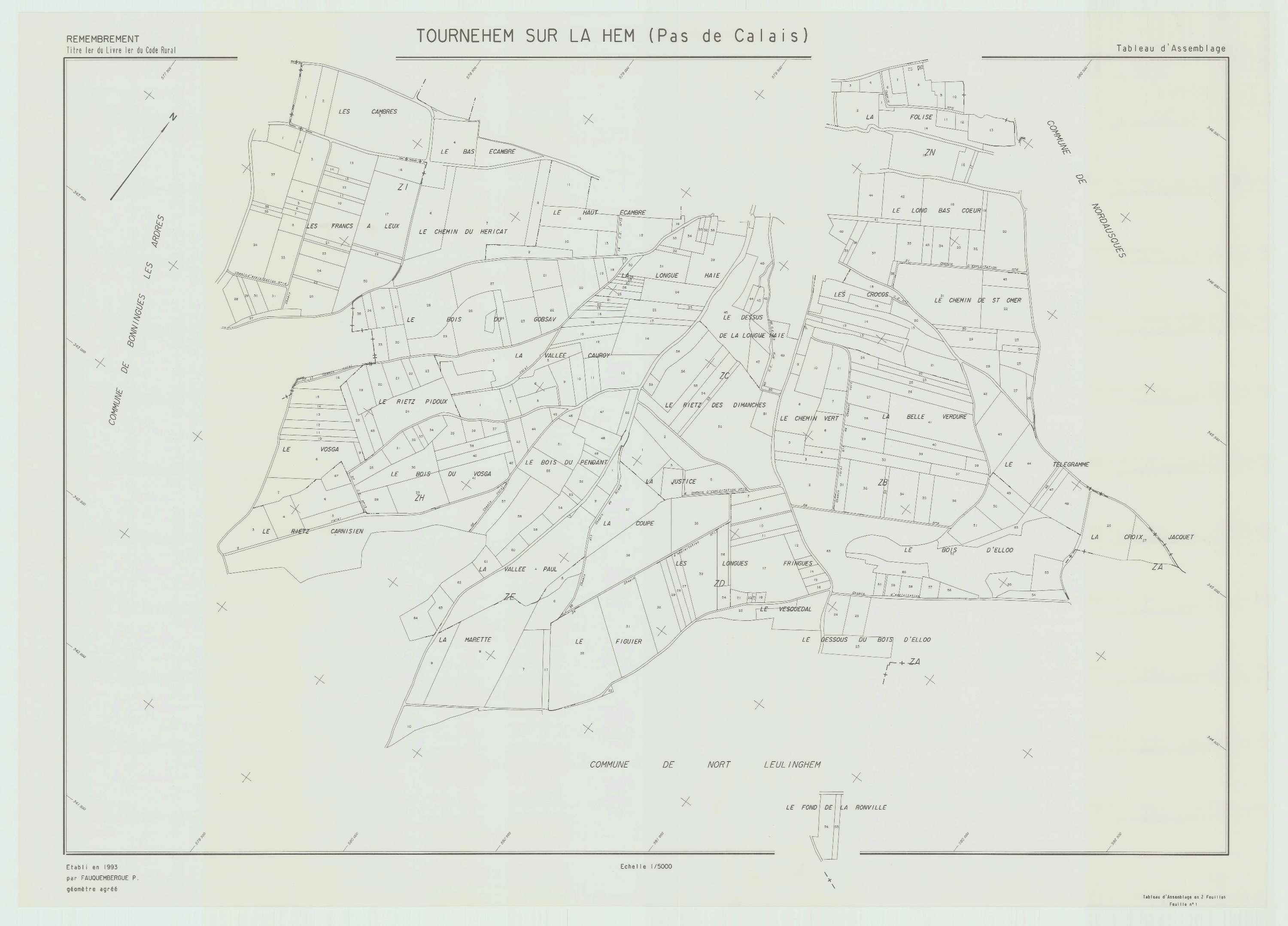 Tournehem-sur-la-Hem - Plan cadastral : tableau d'assemblage postérieur au remembrement.