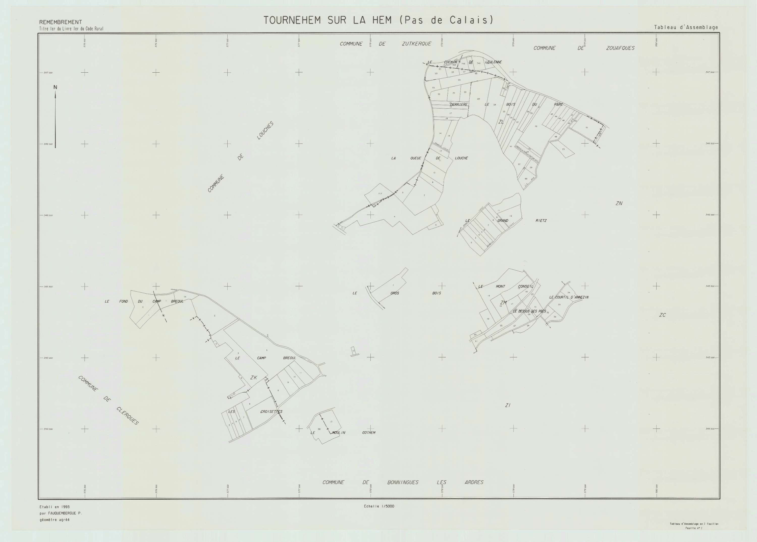 Tournehem-sur-la-Hem - Plan cadastral : tableau d'assemblage postérieur au remembrement.
