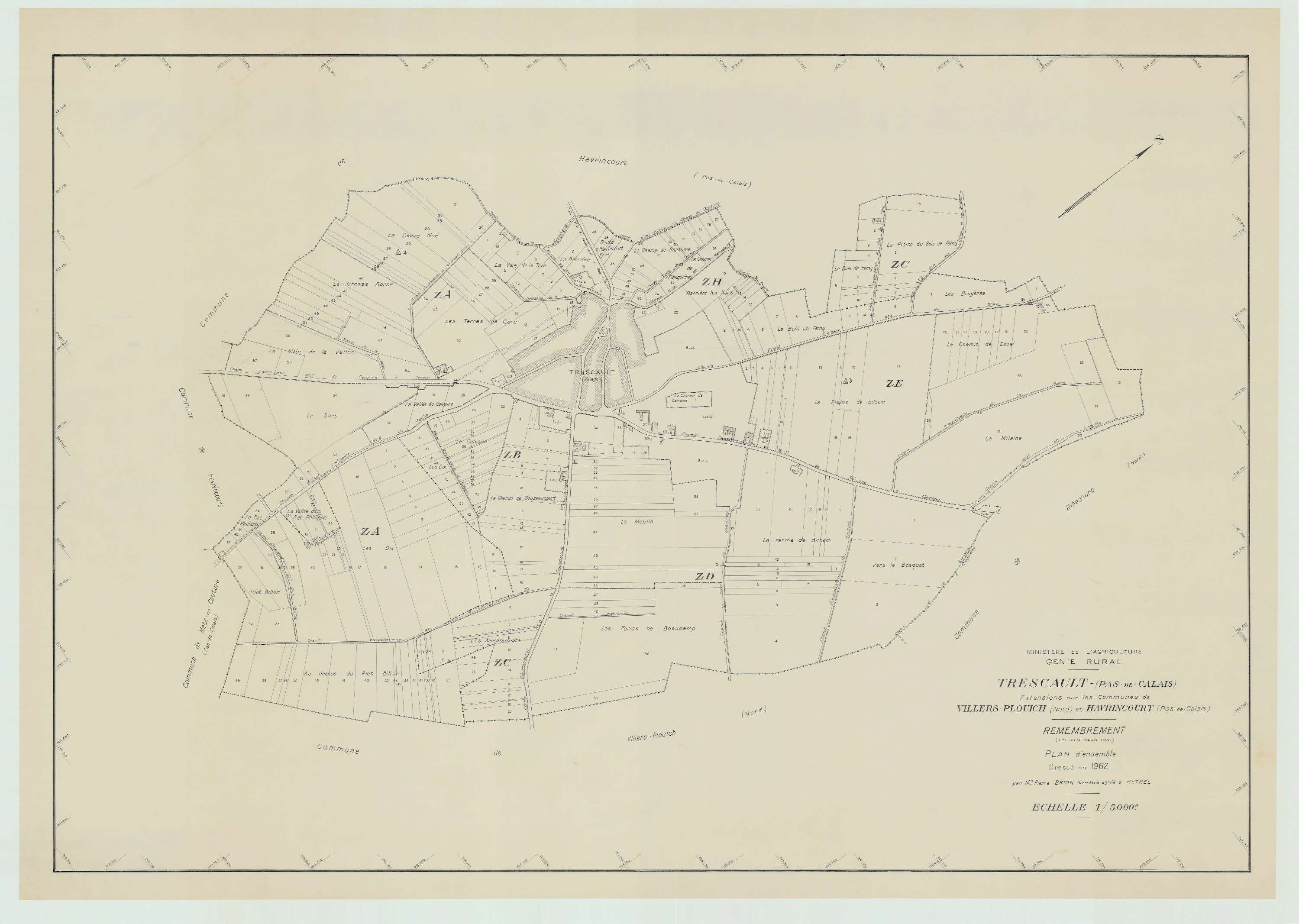 Trescault - Plan cadastral : tableau d'assemblage postérieur au remembrement.