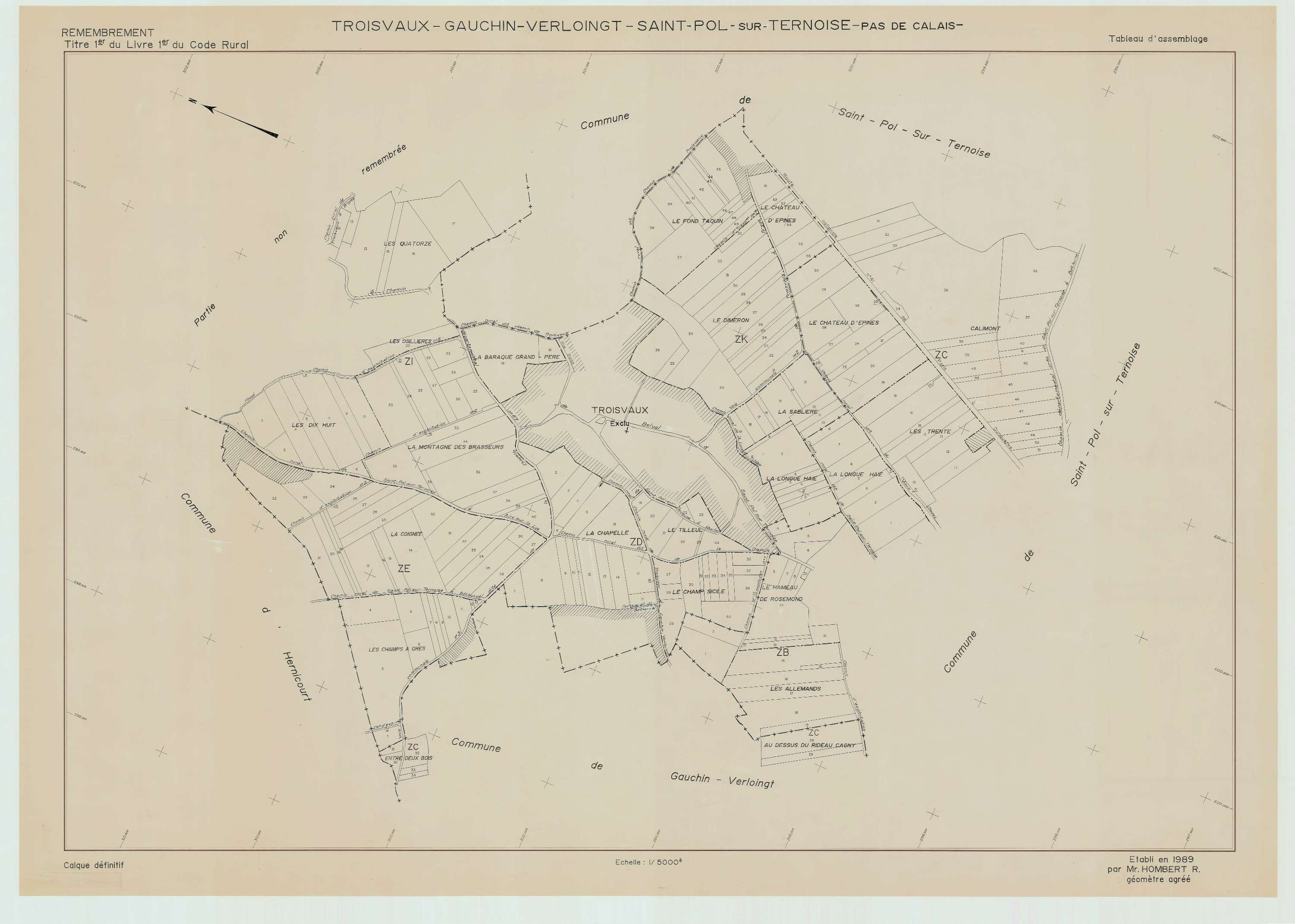 Troisvaux - Plan cadastral : tableau d'assemblage postérieur au remembrement.