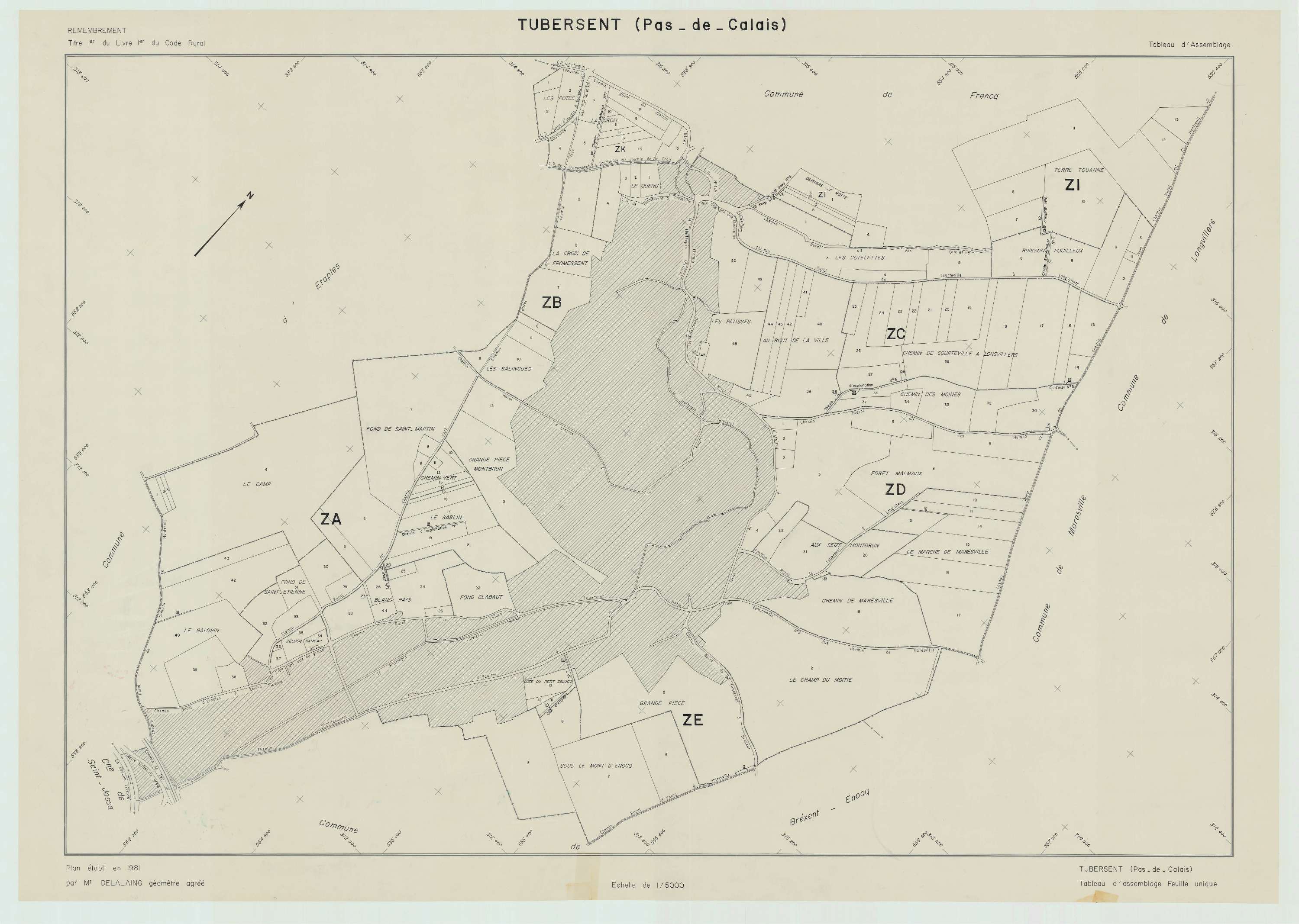 Tubersent - Plan cadastral : tableau d'assemblage postérieur au remembrement.