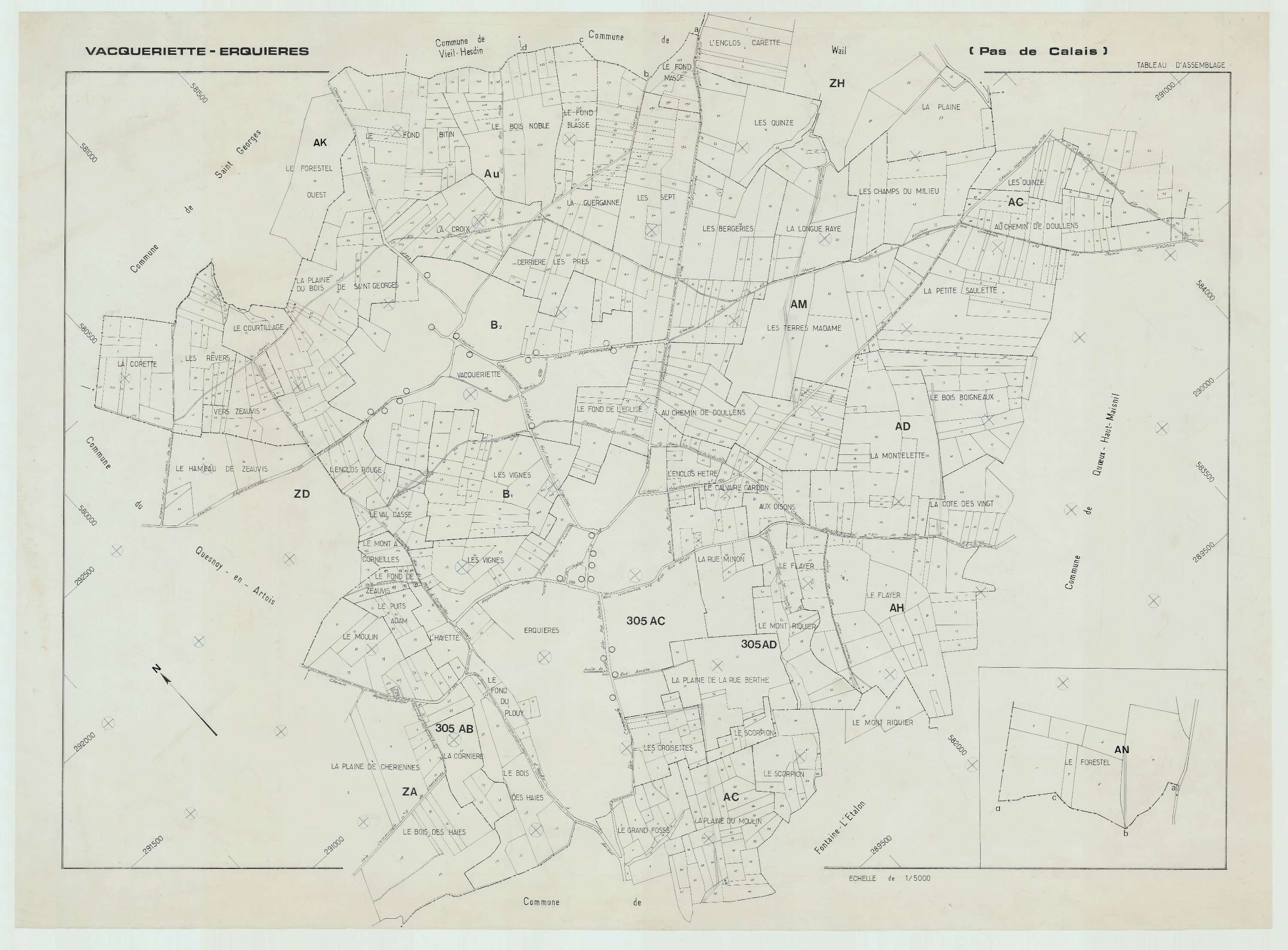Vacqueriette-Erquières - Plan cadastral : tableau d'assemblage antérieur au remembrement.